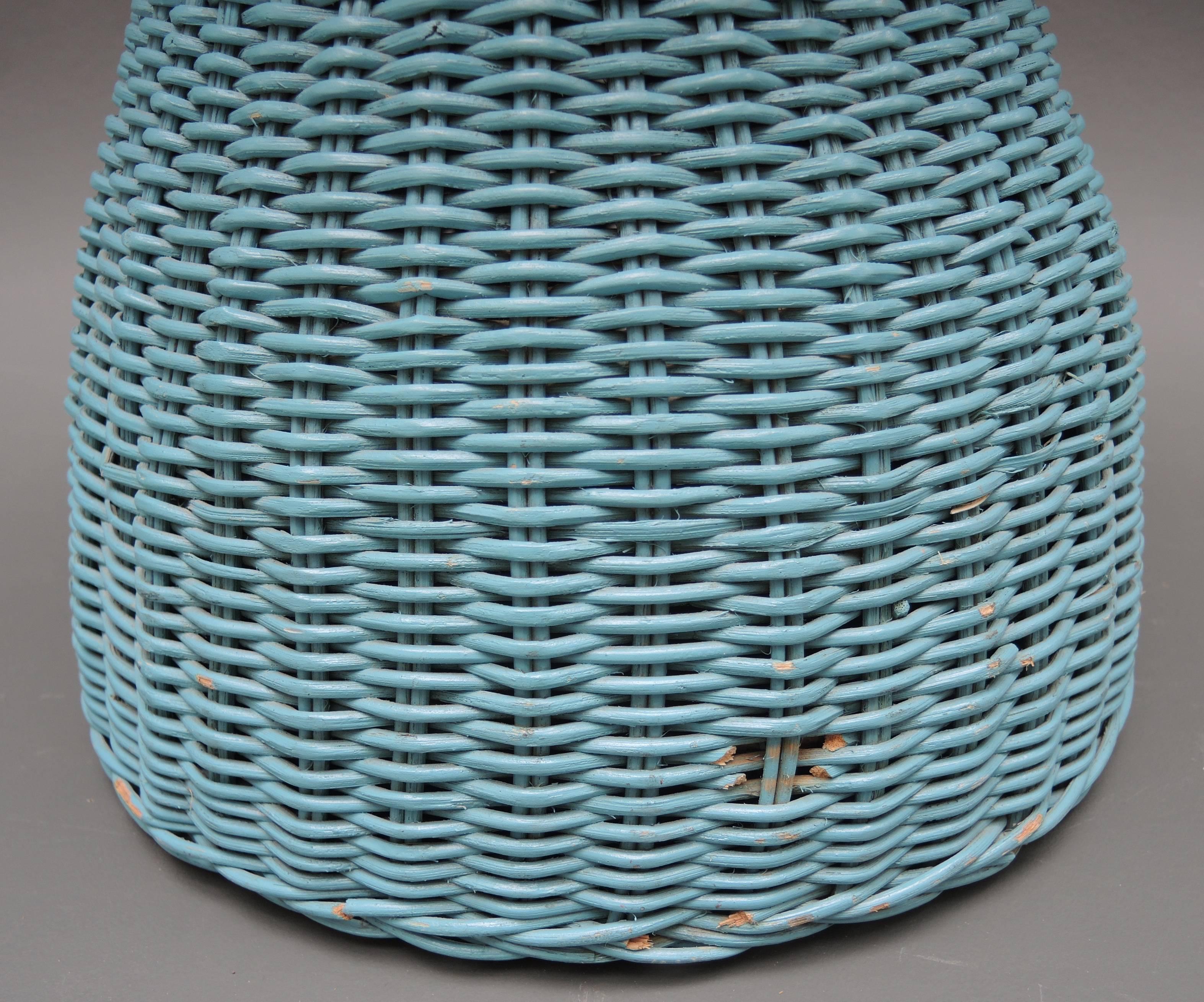 Mid-Century Modern Vintage French Turquoise Blue Painted Wicker Side Table