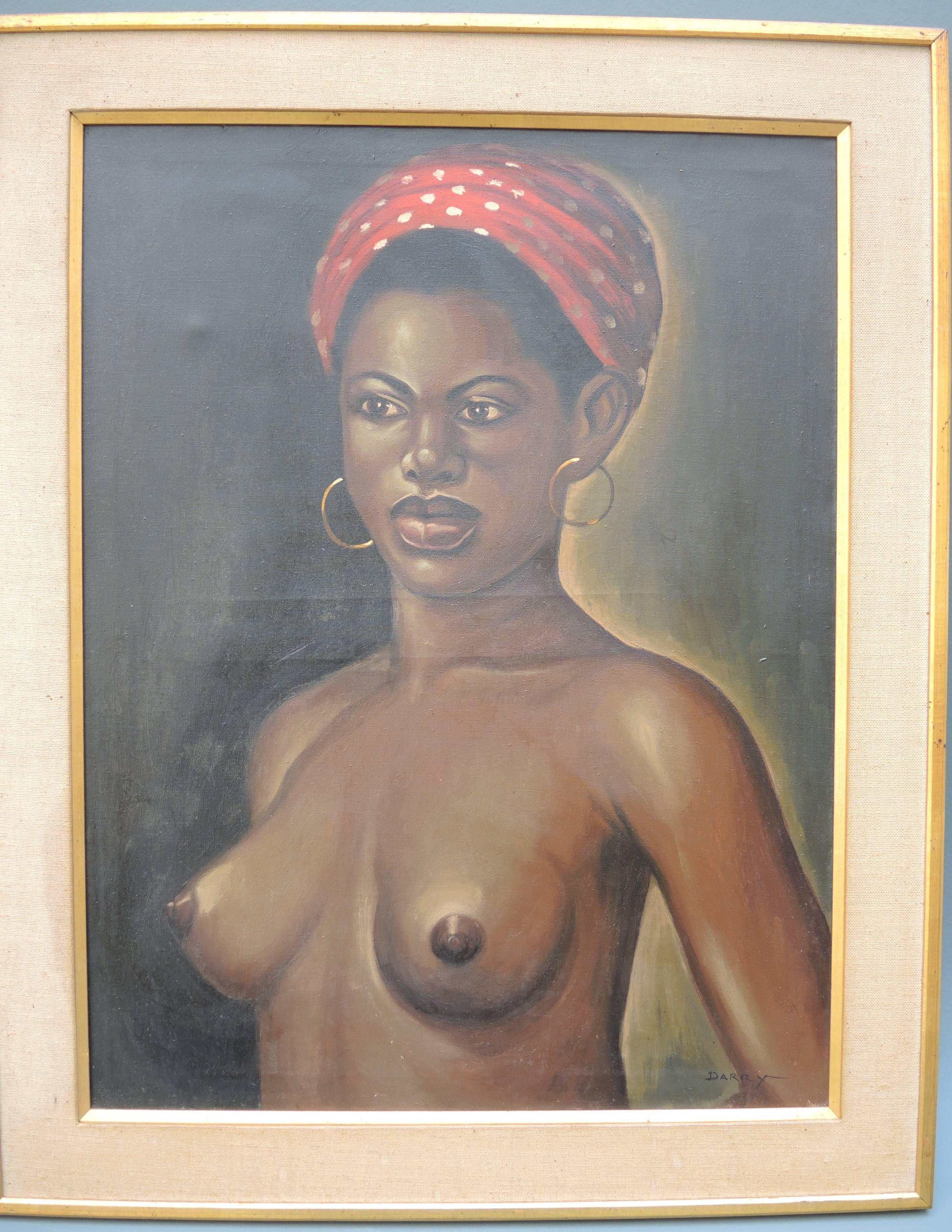Vintage painting on canvas painted by the French painter Guy Darry of a lovely young black creole woman.
Original frame of giltwood and linen.