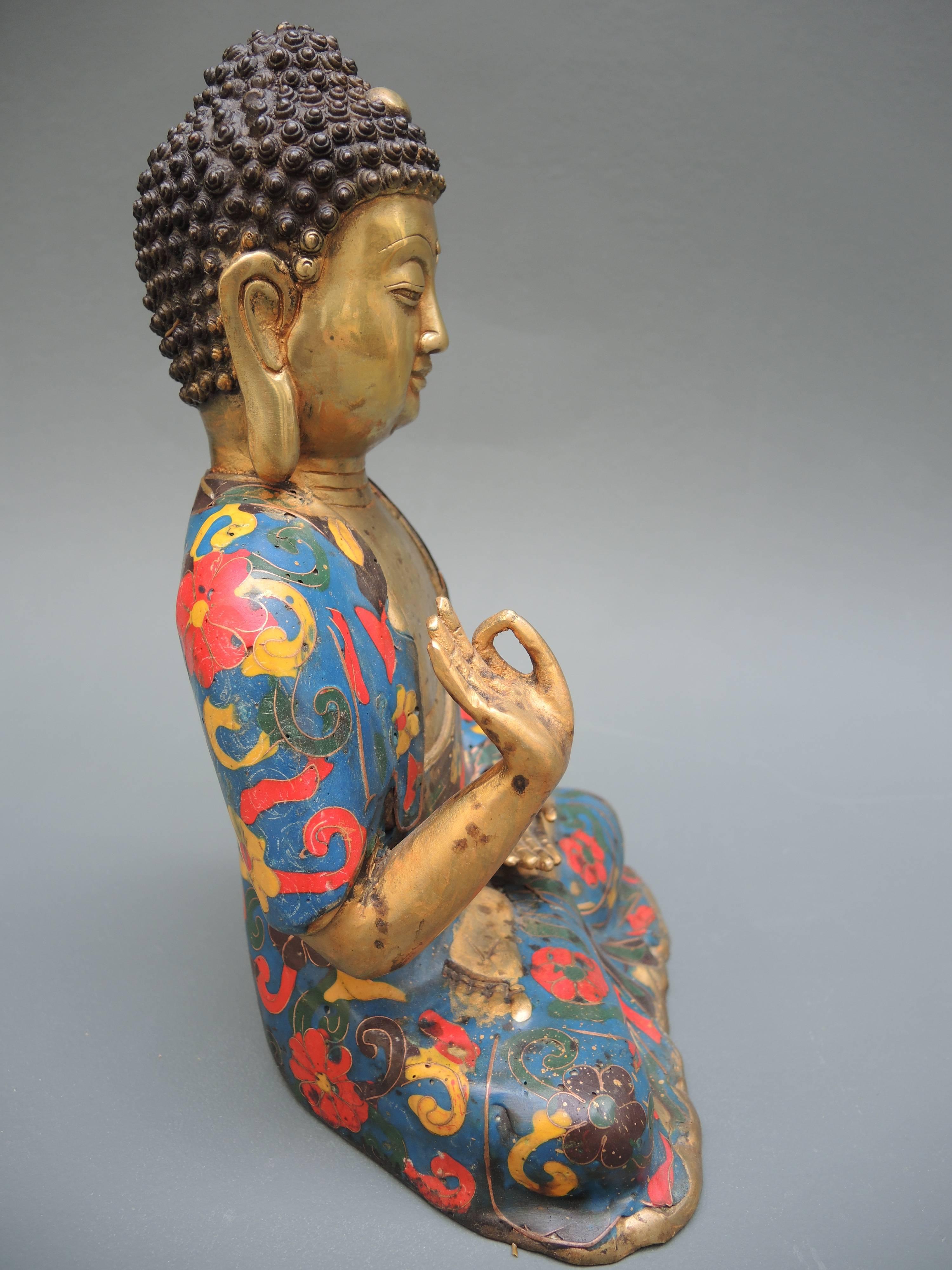 Cloissoné  Chinese Gilt Bronze and Enamel Shakyamuni Tathagata Buddha Statue