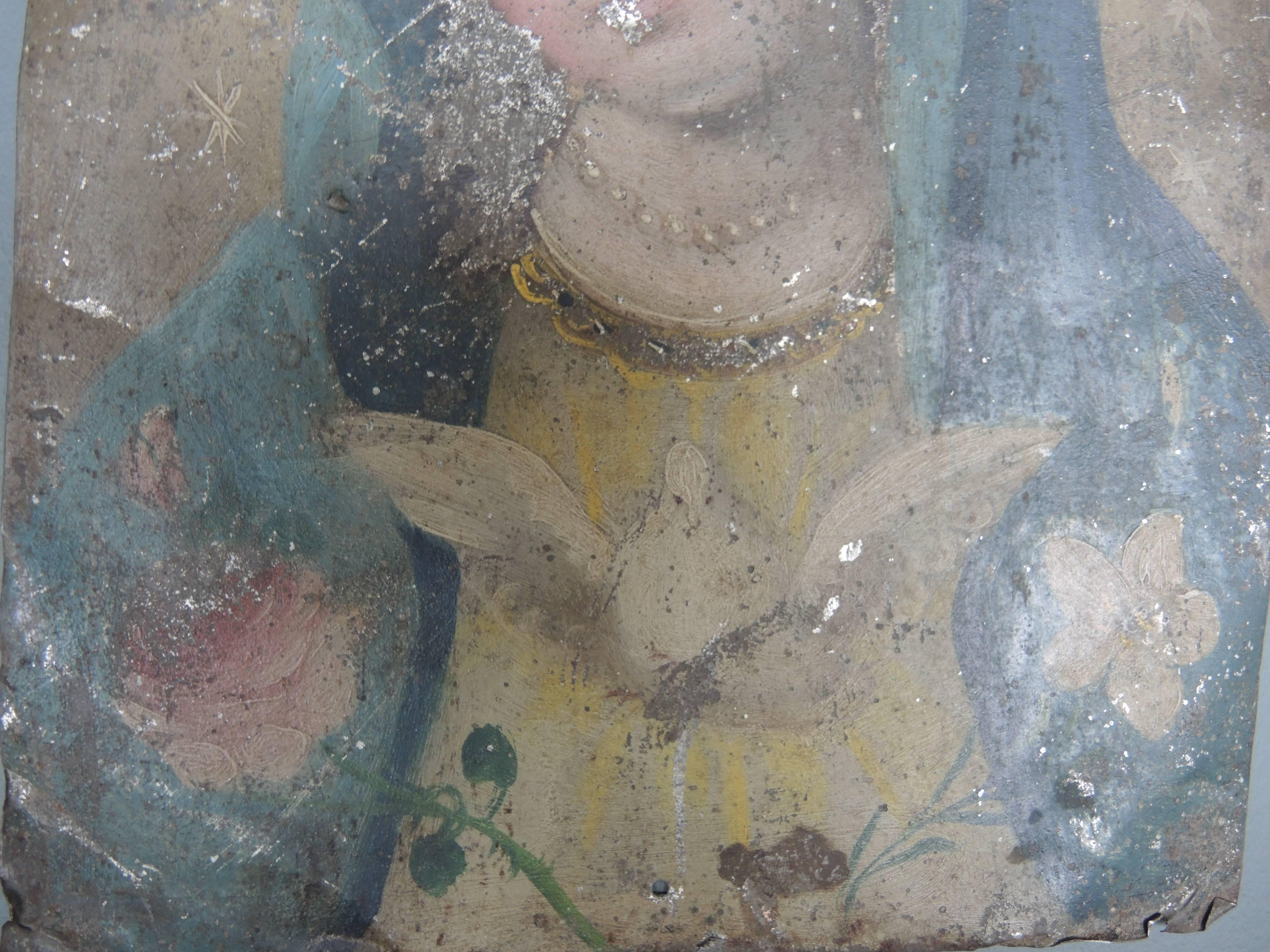 Early 19th Century Spanish Retablo Painting of Maria on Tin In Fair Condition In Antwerp, BE