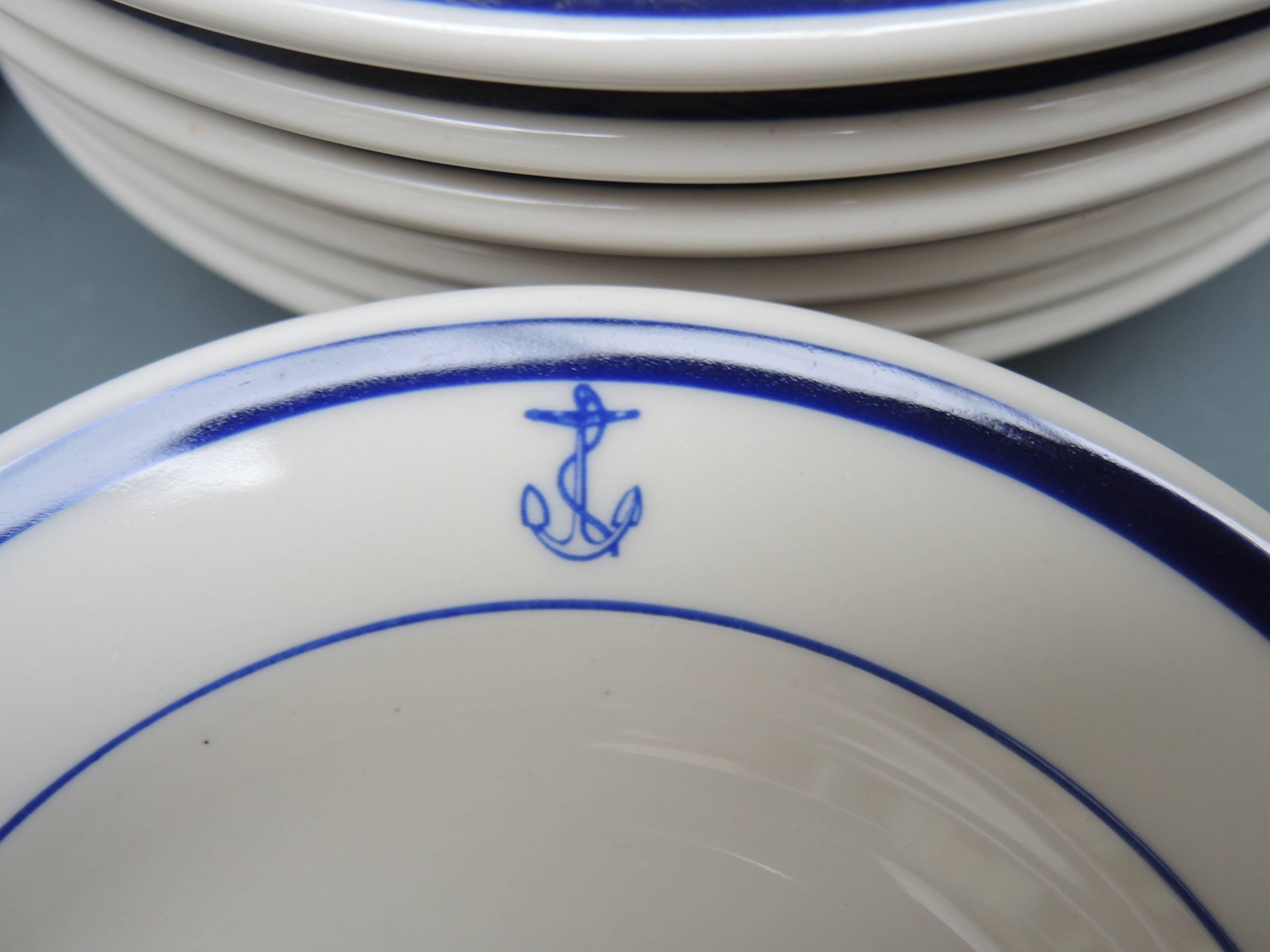 A complete 31 piece set of blue and white American nautical  Junior Navy Officers dinnerware made by the Homer Laughlin Company of Newell West Virginia, USA.
Six dinner plates
Six large soup bowls
Six small bowls
Six bread plates
Six dessert