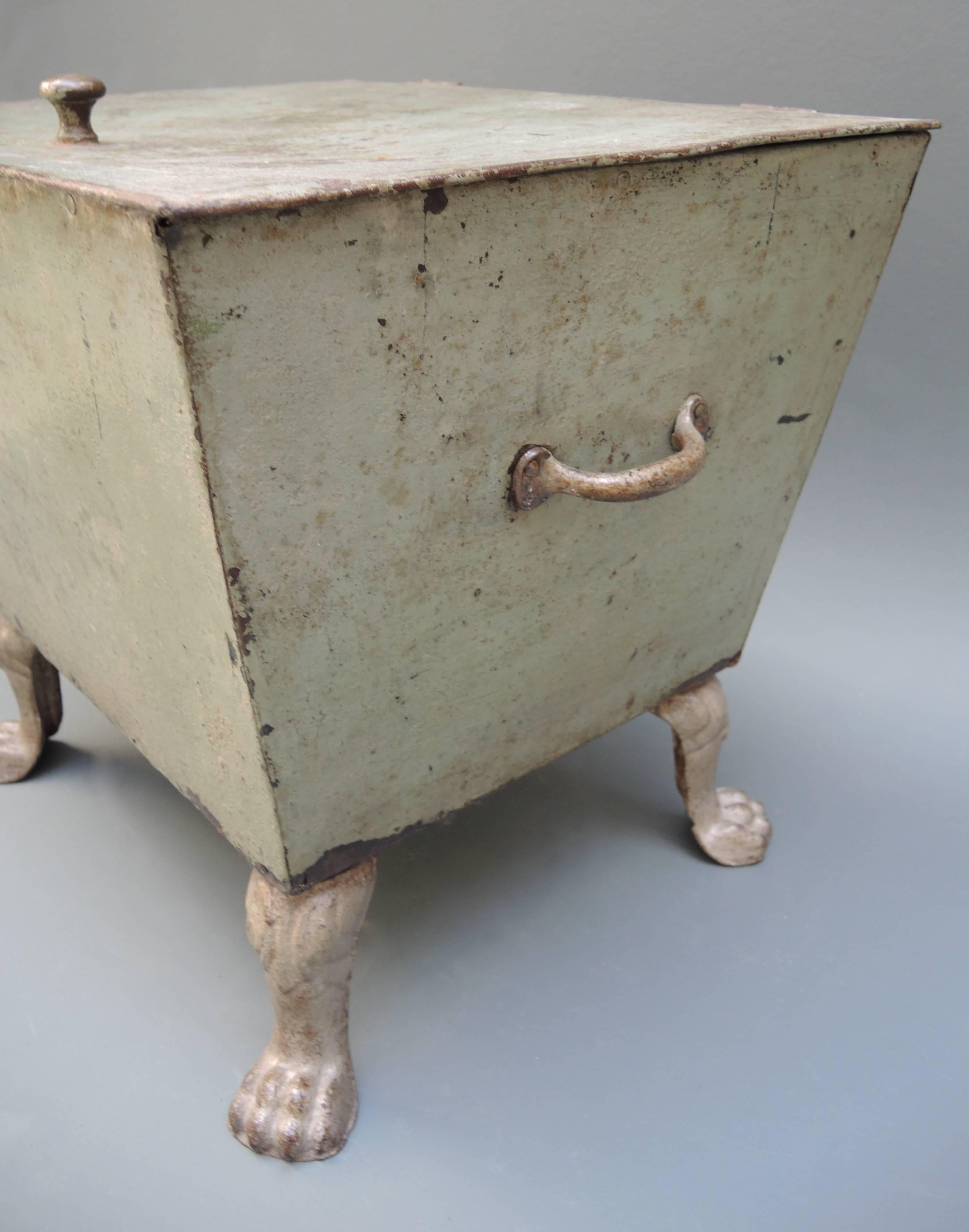 19th Century French Iron Box with Lion Paw Feet and the Original Green Paint 3