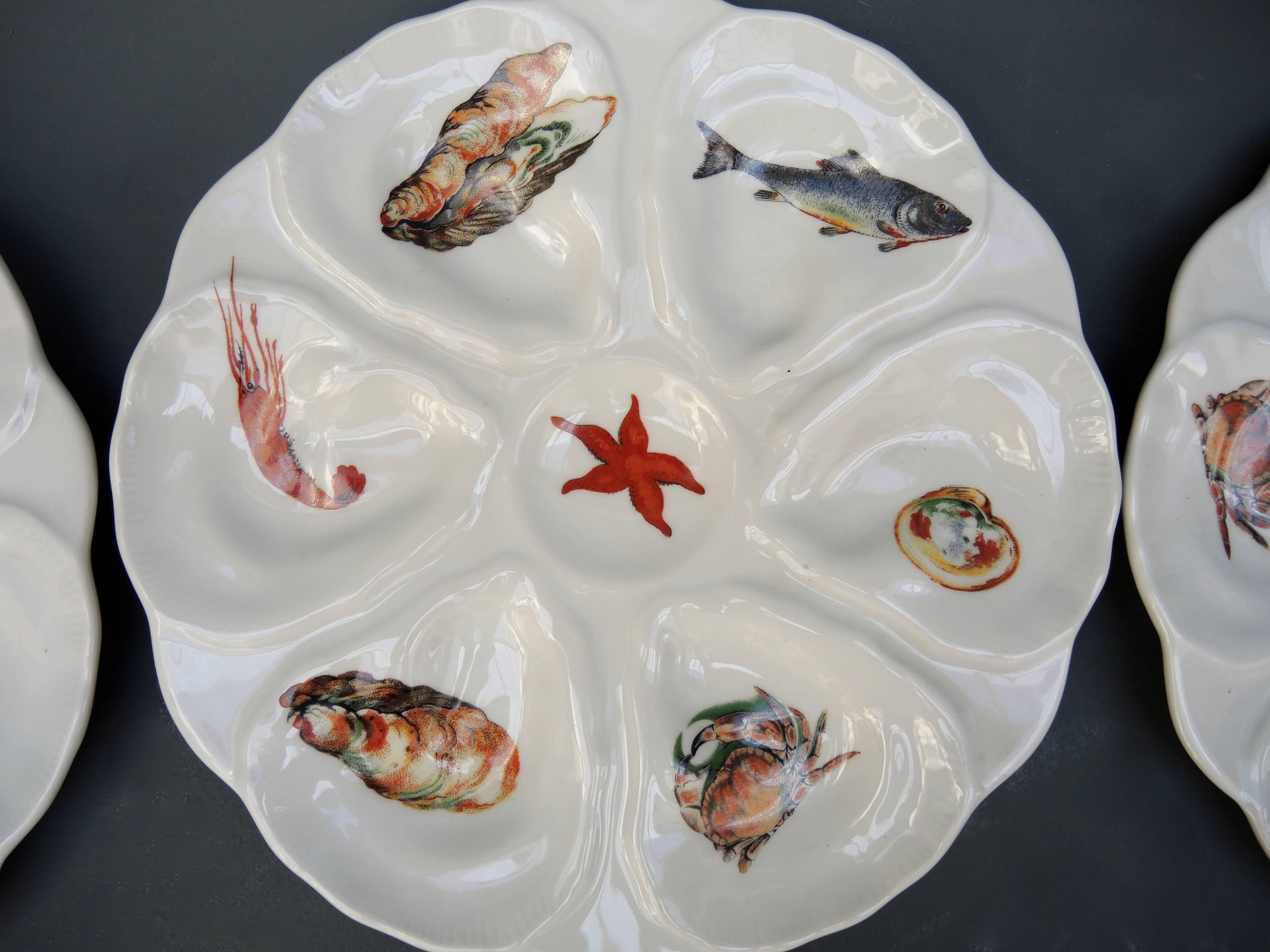 20th Century Fish Set Including a Large Platter and Six 1960s French Porcelain Oyster Plates