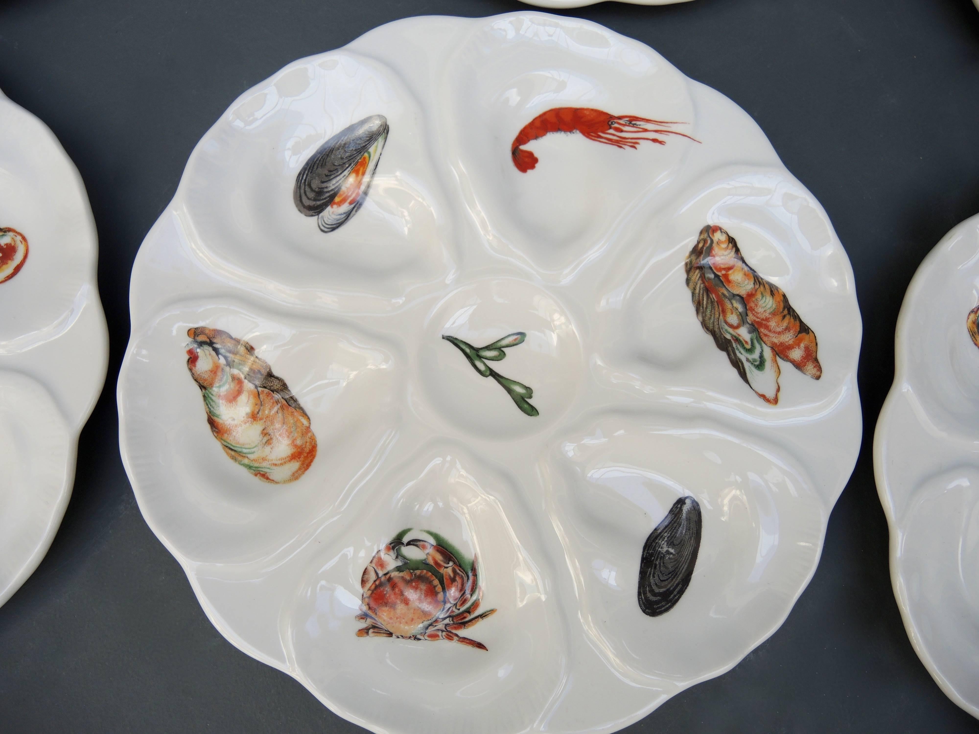 Fish Set Including a Large Platter and Six 1960s French Porcelain Oyster Plates 1