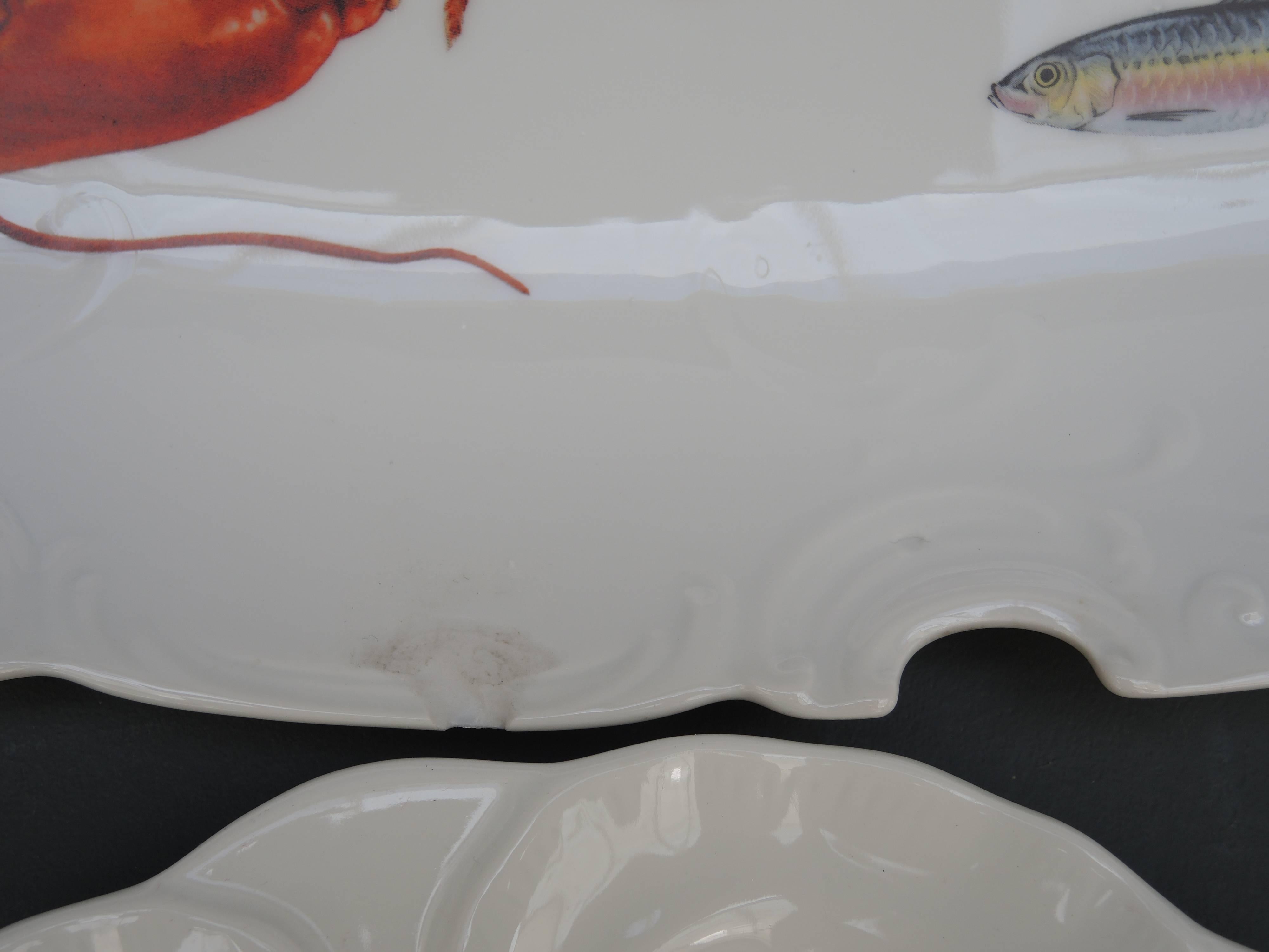 Fish Set Including a Large Platter and Six 1960s French Porcelain Oyster Plates 3