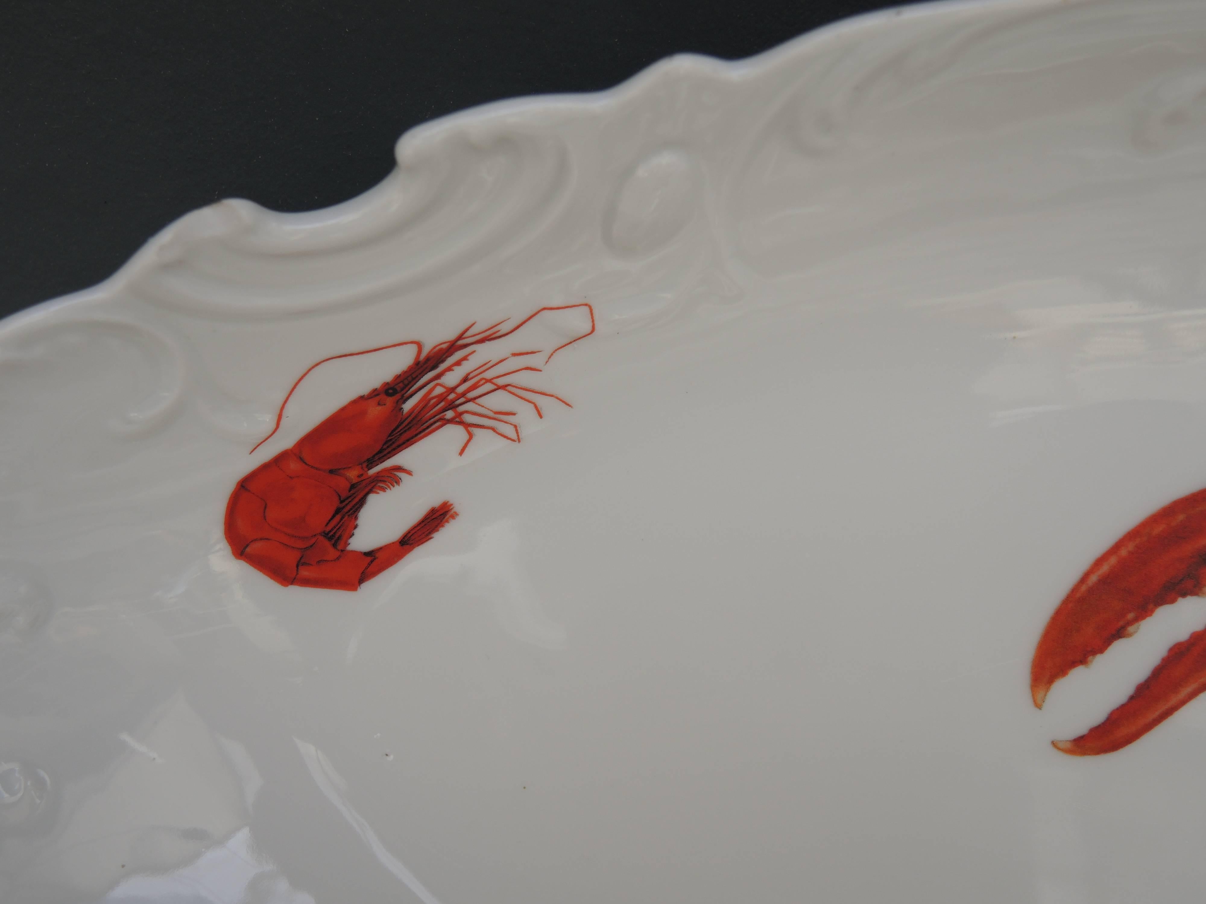 Fish Set Including a Large Platter and Six 1960s French Porcelain Oyster Plates 4