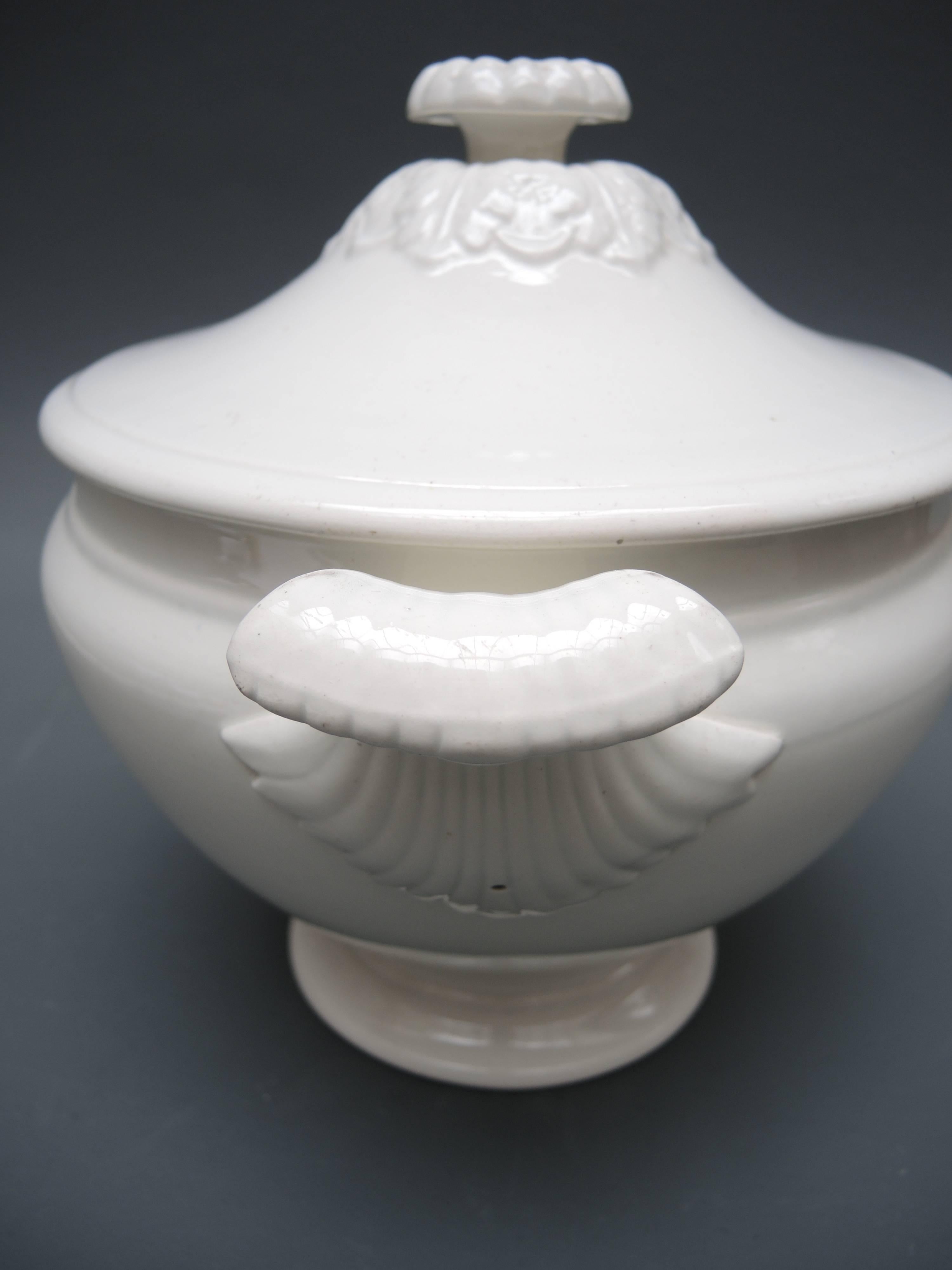 Early 19th century European white ironstone soup tureen marked Jemmapes.
Jemmape was a department of the first French Empire in present-day Belgium. It was named after the Battle of Jemappes, fought between the French and the Austrians in 1792 near