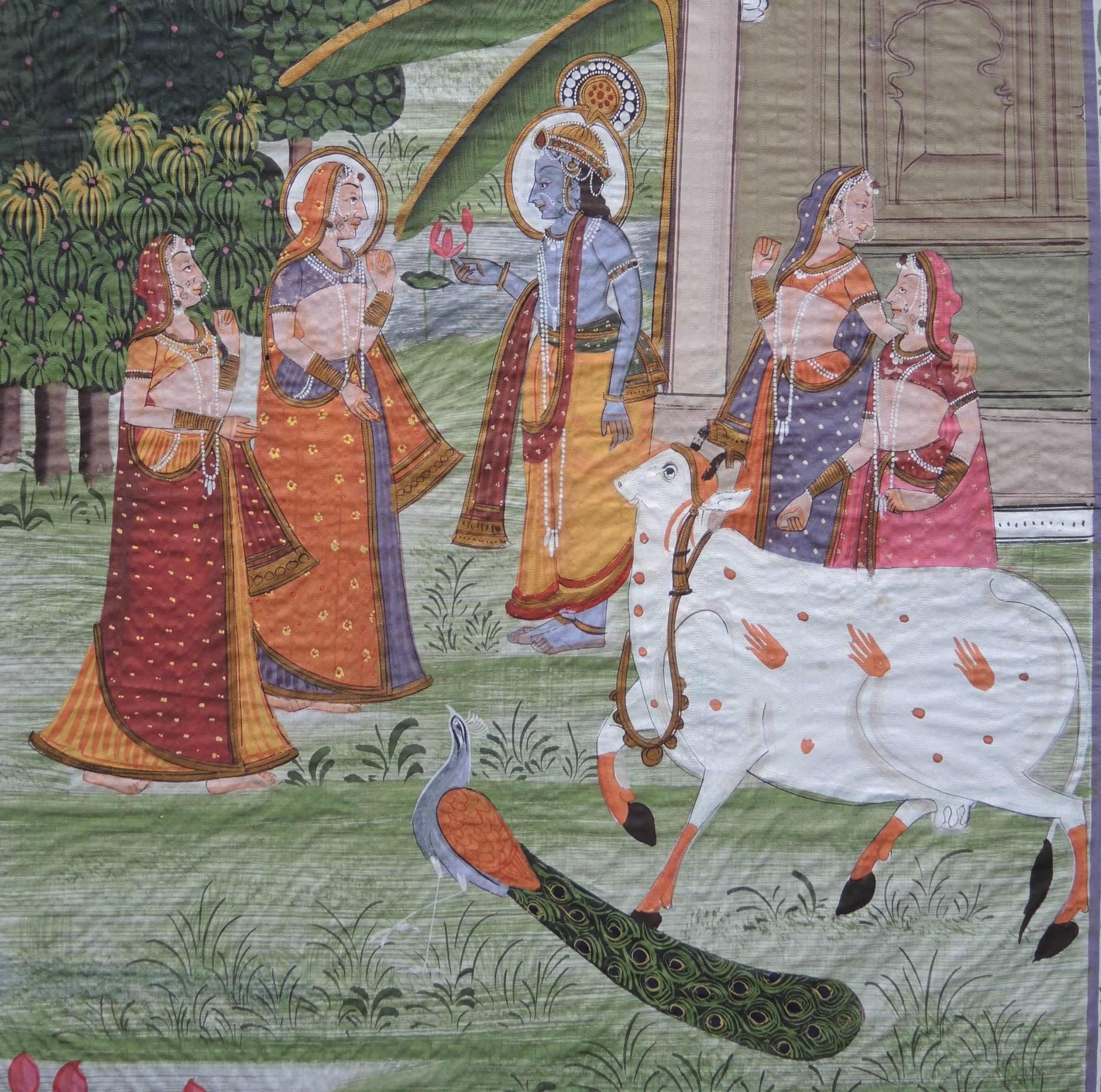 A very colorful and detailed Indian gouache painting on silk depicting Krishna with female Gopis and a sacred cow in a paradise like garden setting.
The colors are well preserved and the textile is in overall good condition except for some edge