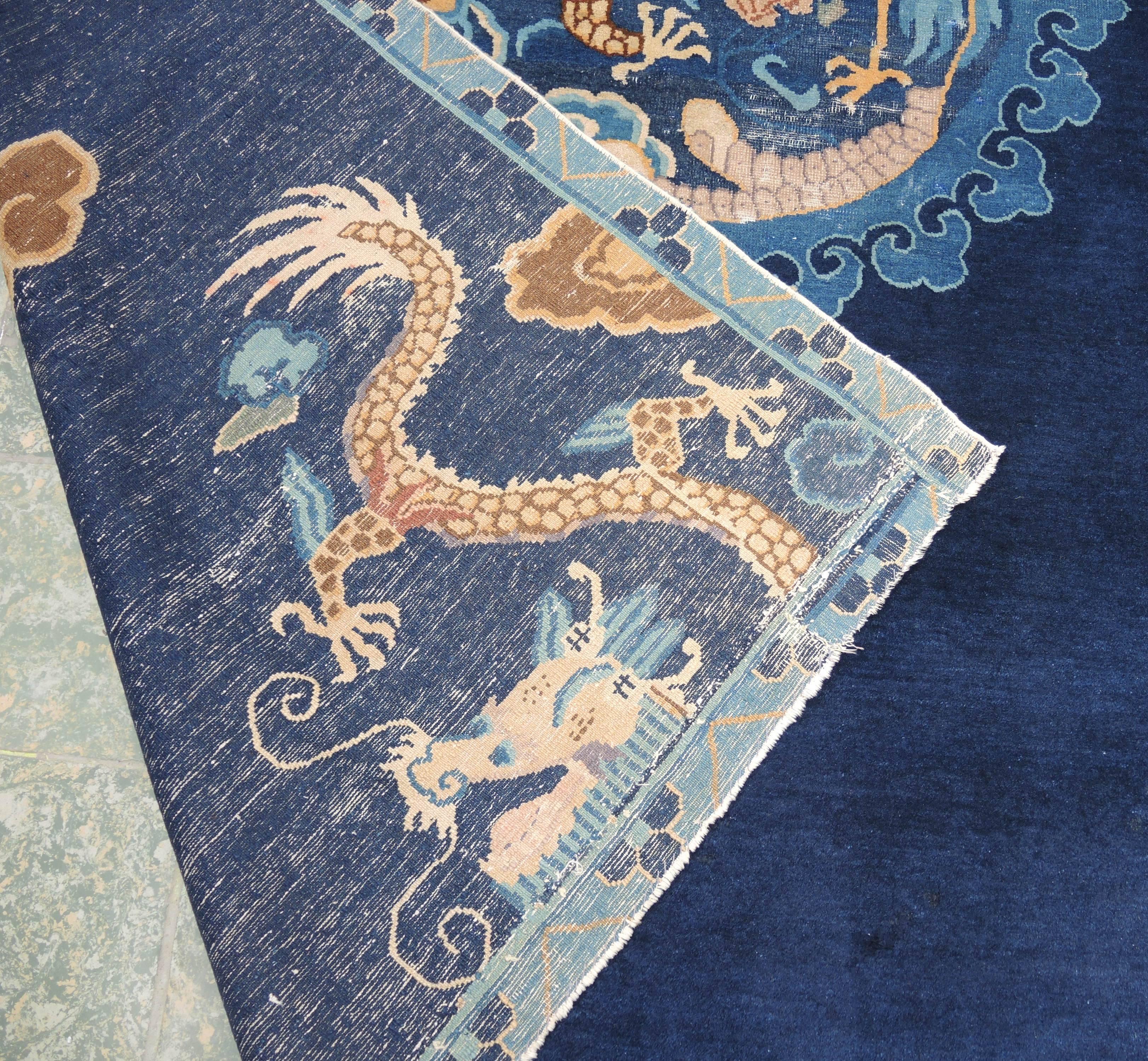 Wool Antique Chinese Peking Blue Carpet with Dragons