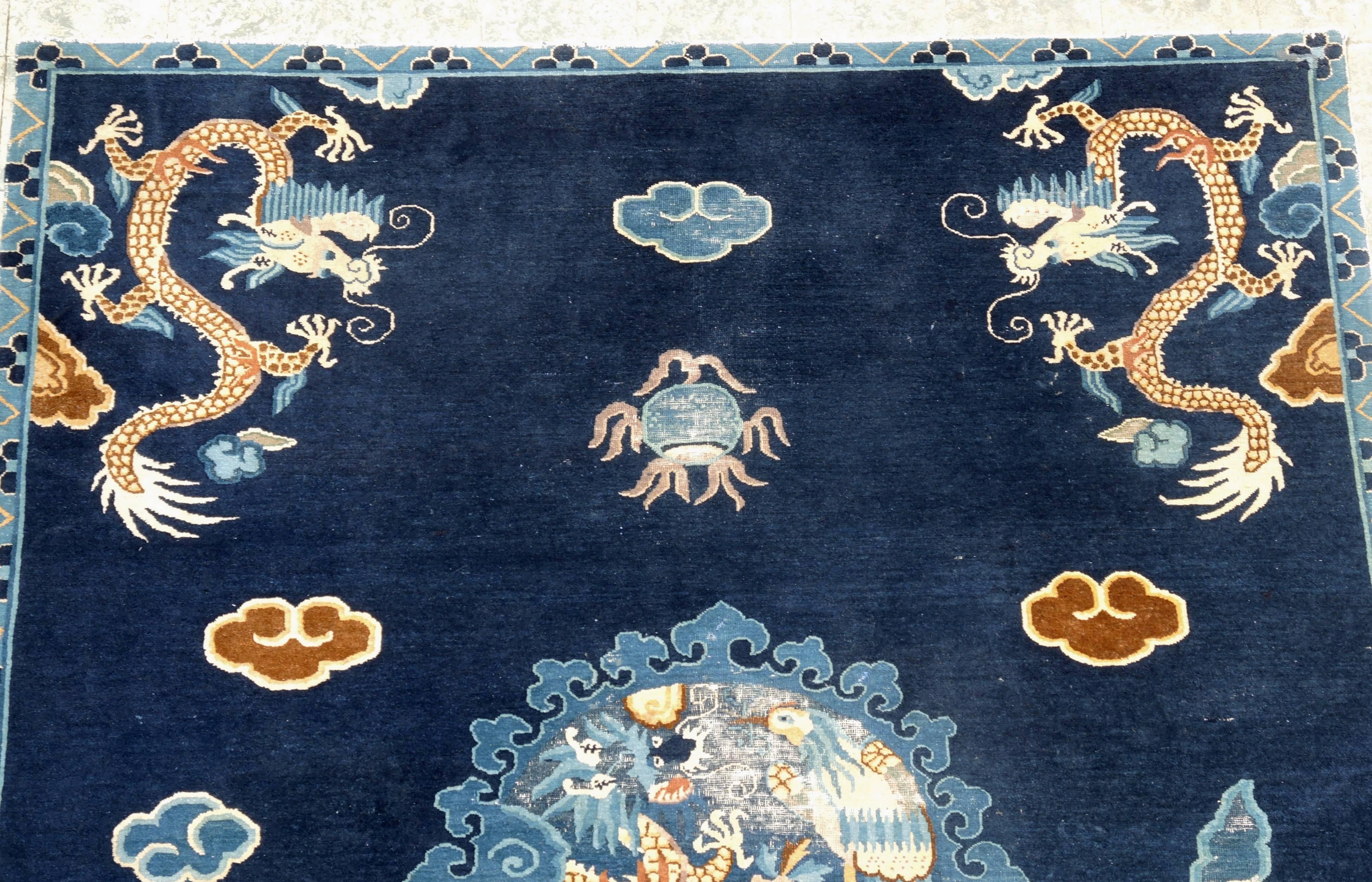 19th Century Antique Chinese Peking Blue Carpet with Dragons