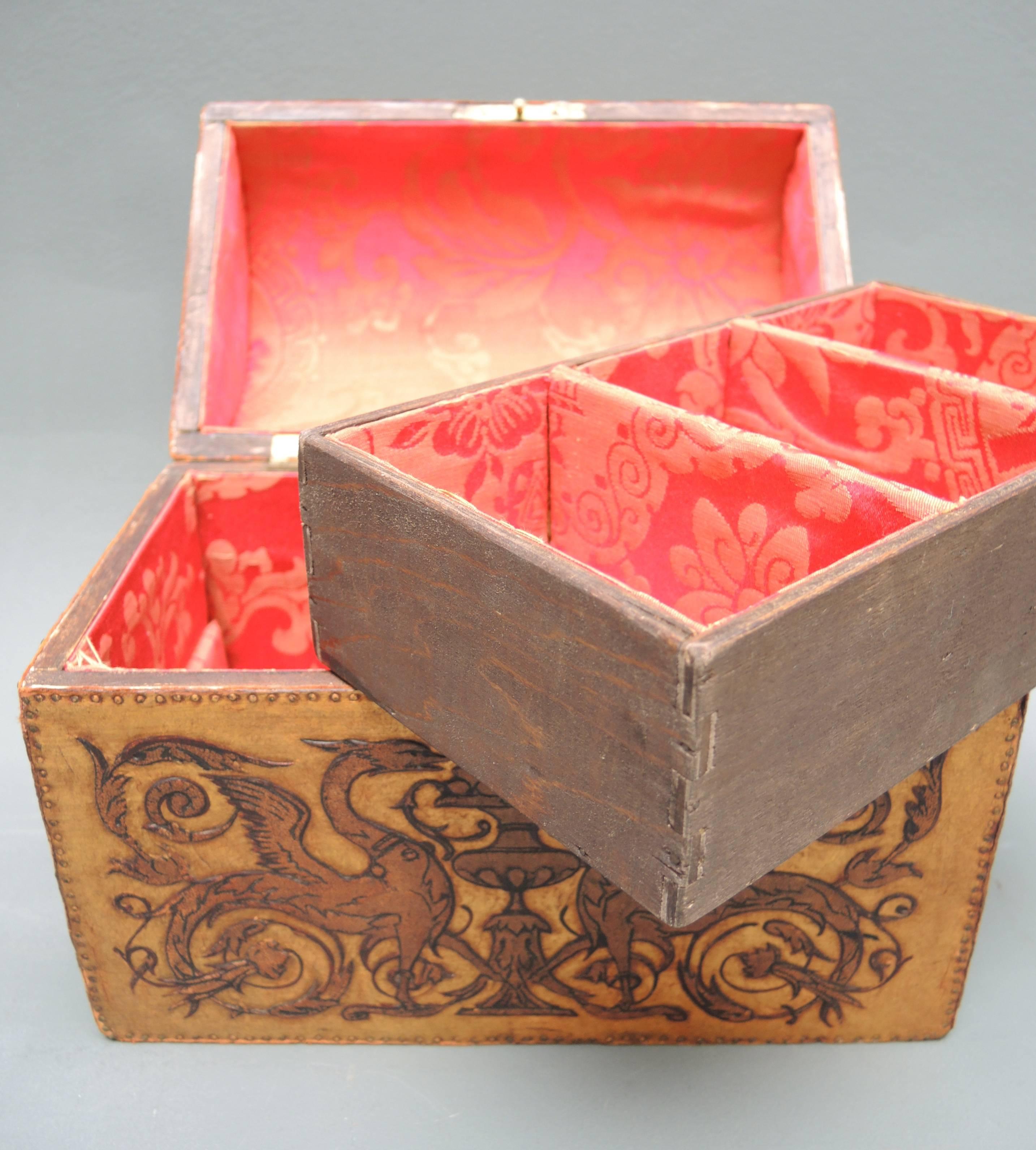 Belgian Art Nouveau Gilt and Painted Embossed Leather Box Dated 1912 1