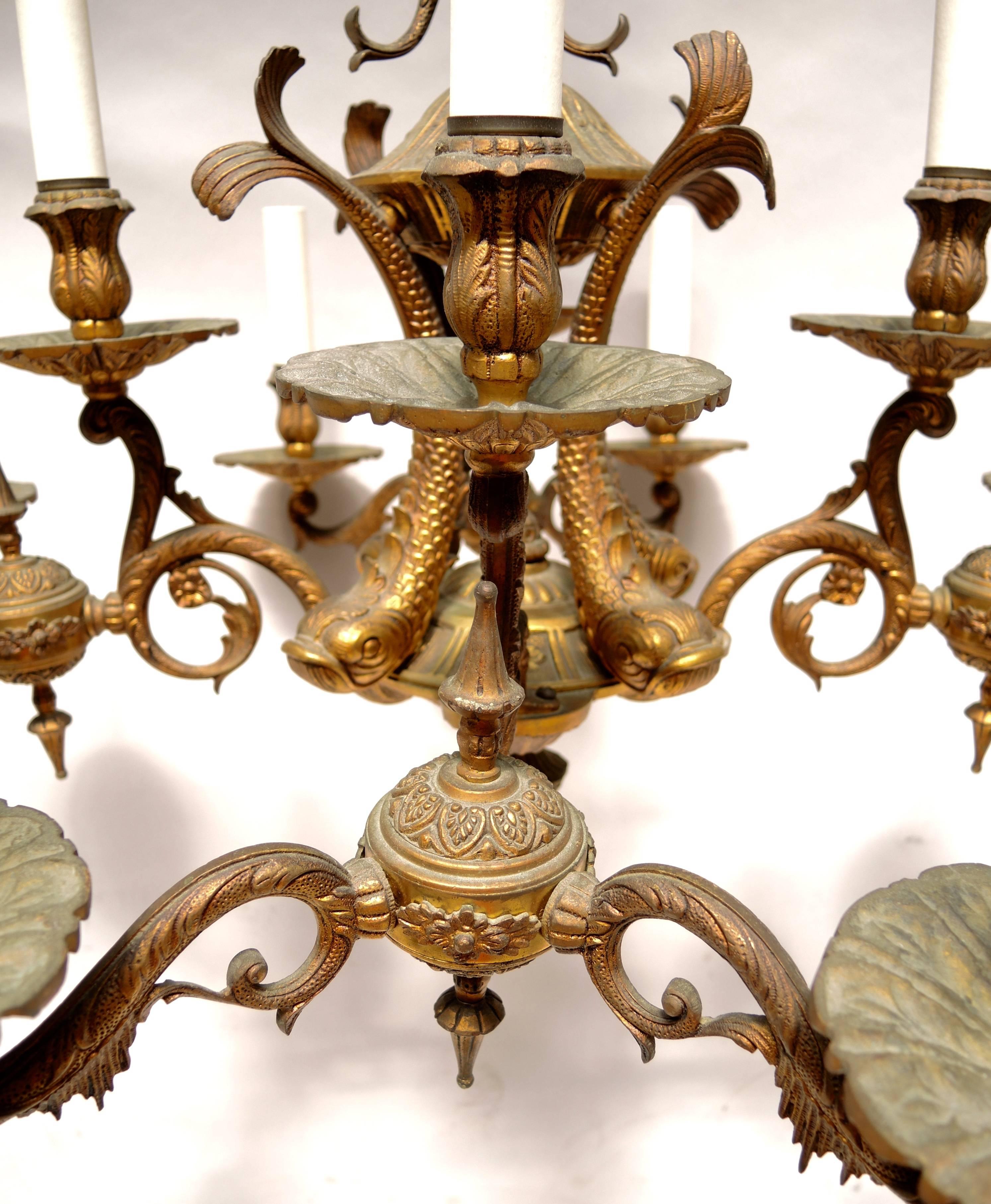 20th Century Twelve-Arm French Bronze Grotto Chandelier with Seahorses, Shells and Dolphins