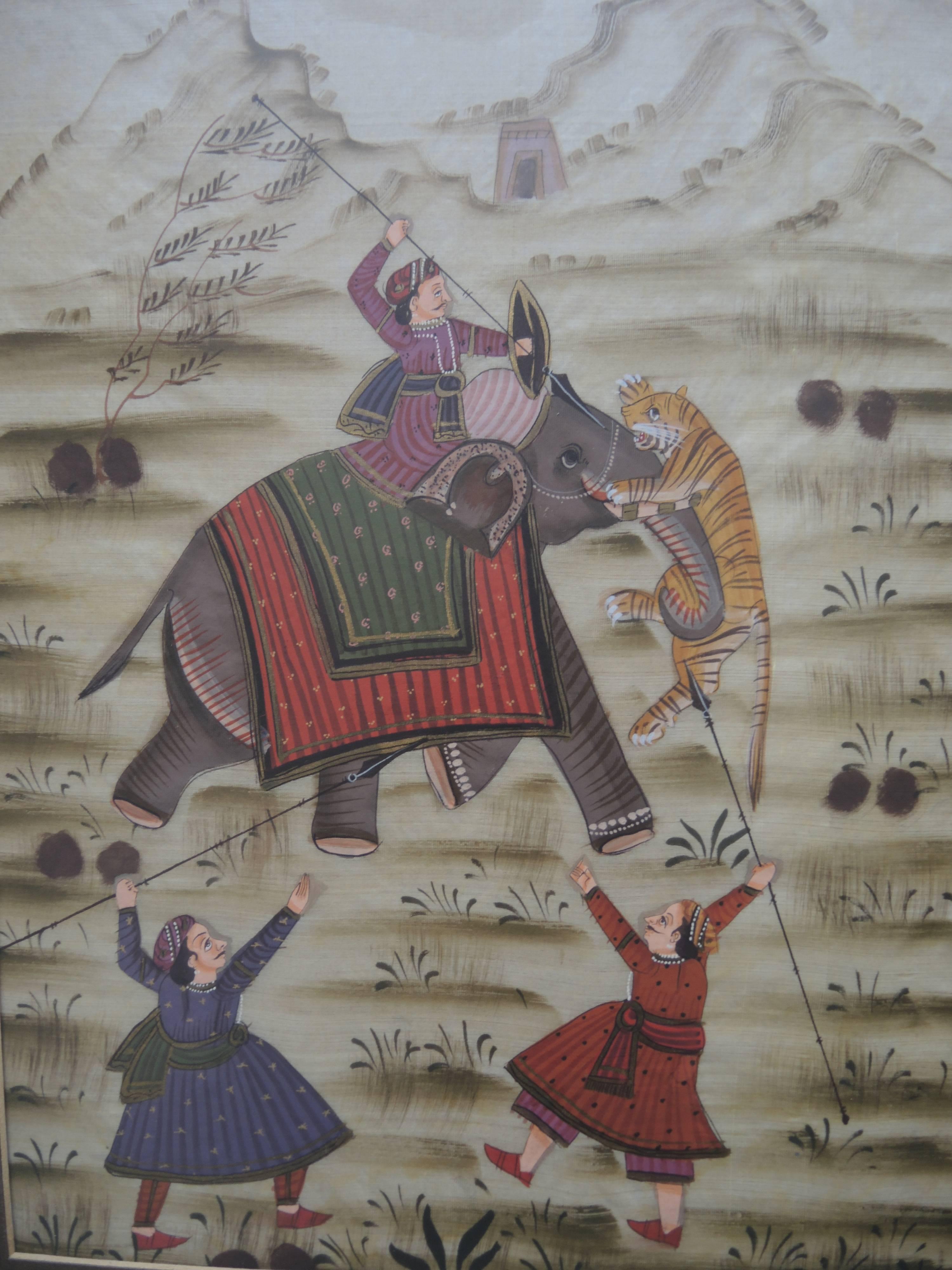 Mid 20th Century Indian gouache painting on silk depicting a tiger hunt.
In excellent condition.
*The frame is as purchased from an estate and has some wear due to age as seen in photos.
