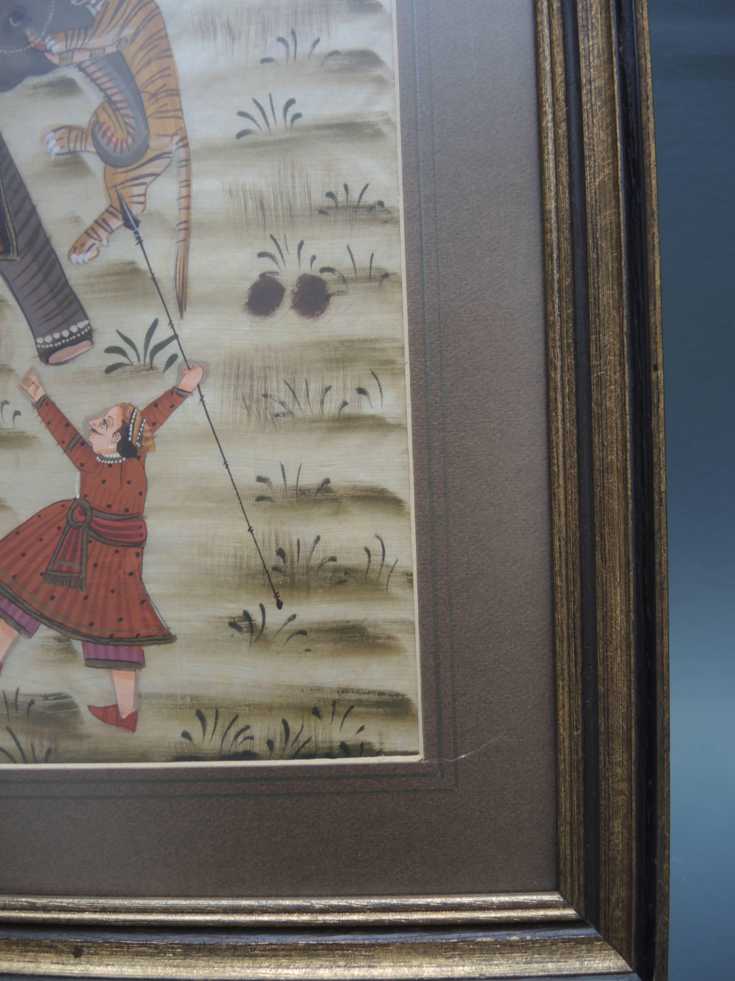 20th Century Indian Painting on Silk of a Tiger Hunt For Sale