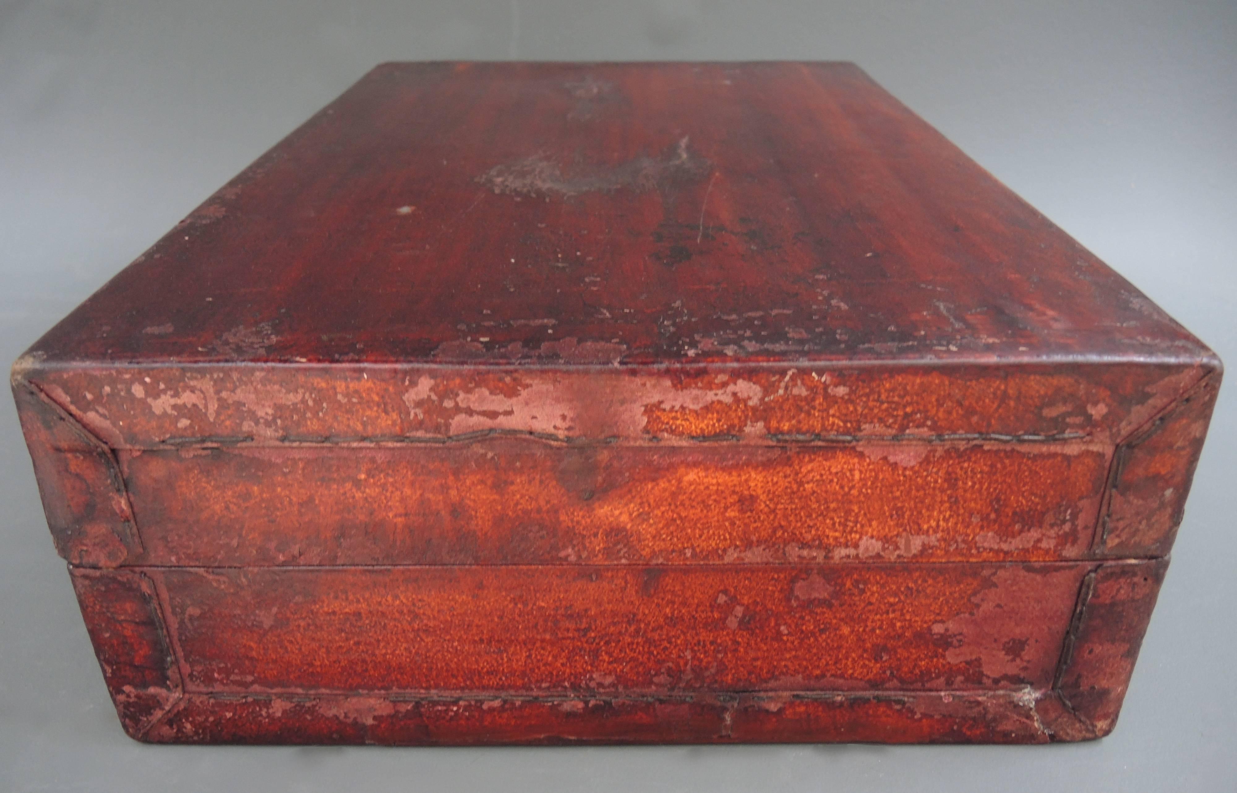 Antique Chinese Red Lacquered Wood and Goatskin Suitcase with Bronze Mounts 3