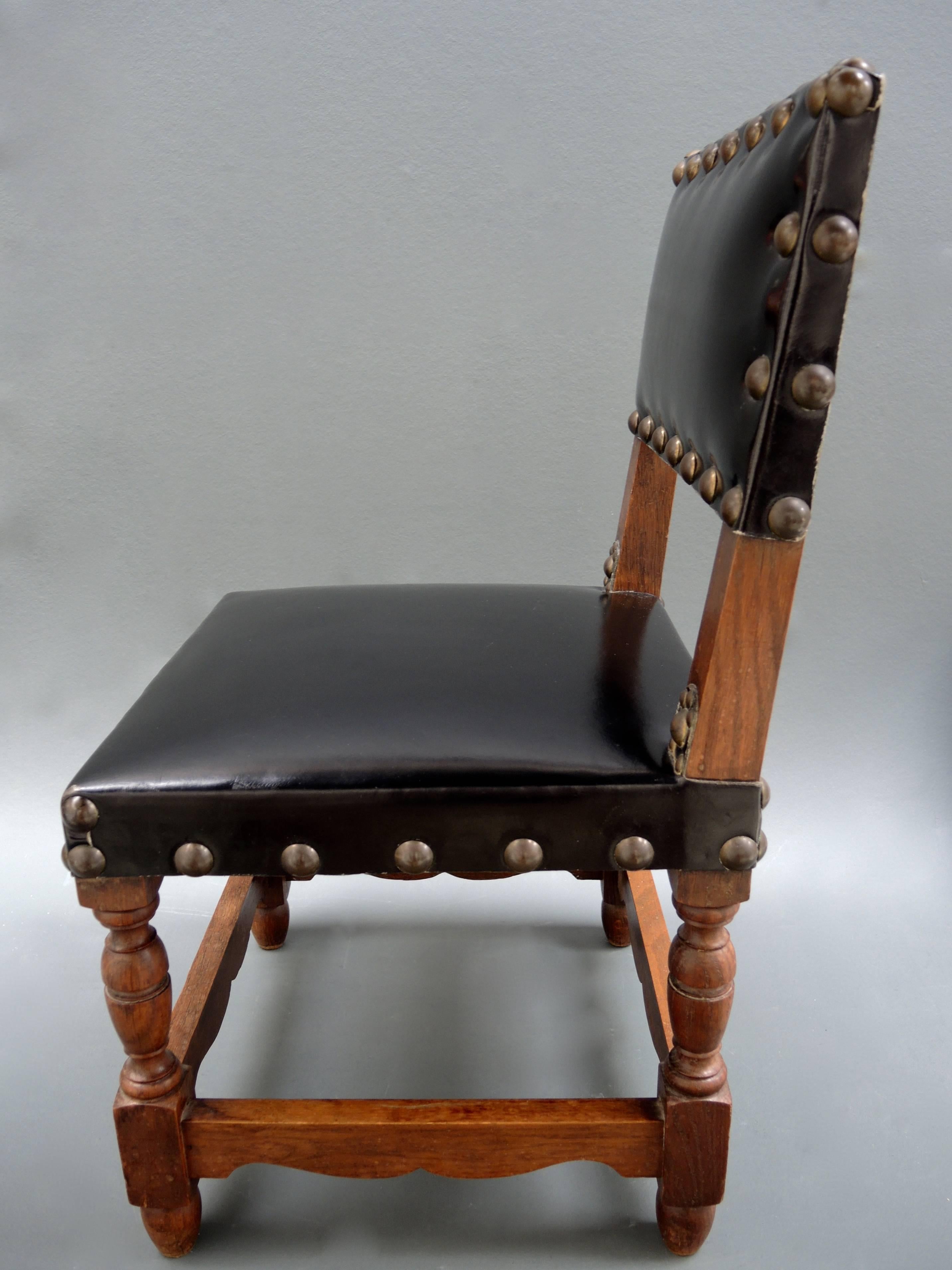 European Jacobean Style Black Leather Childs Chair For Sale