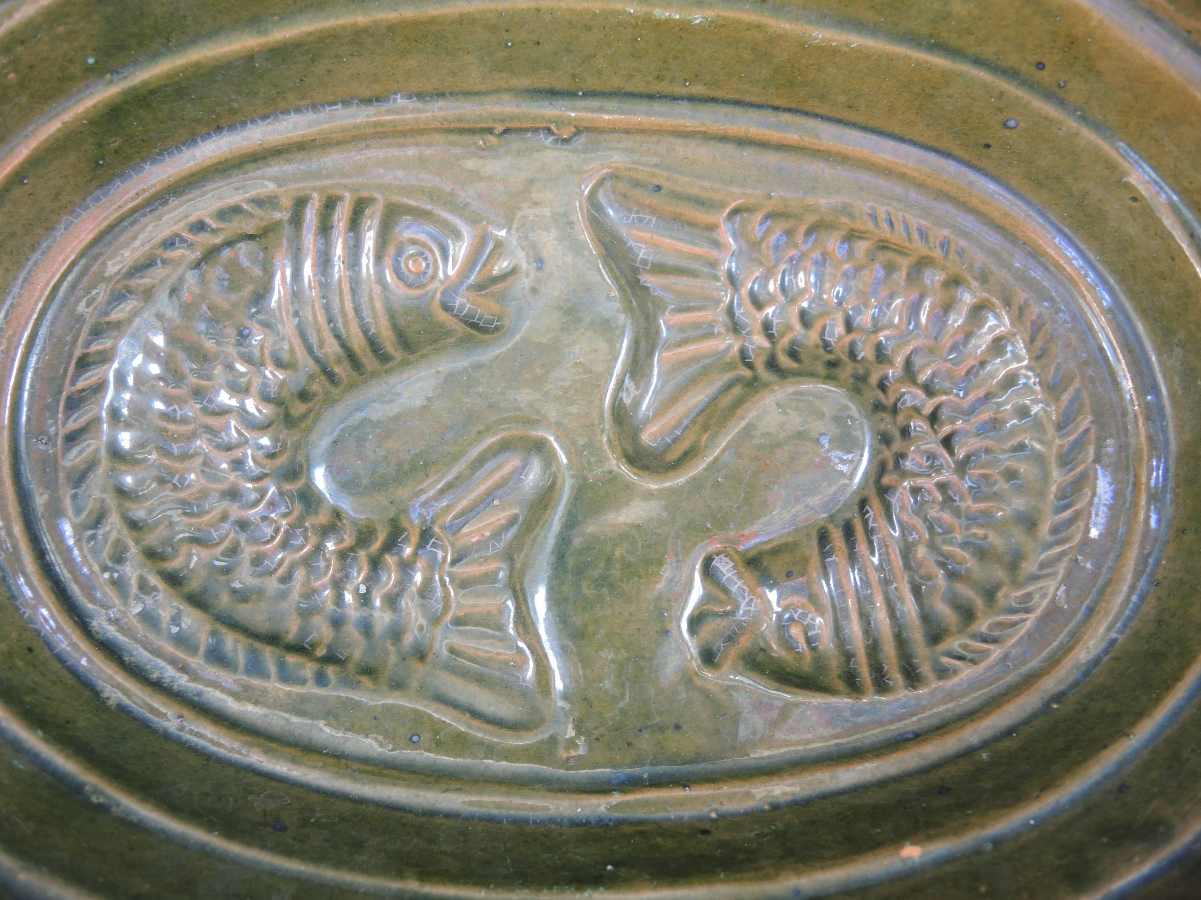 19th Century French Green Glazed Terracotta Baking Dish with Fish Design 1