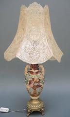 Japanese Porcelain and Bronze Table Lamp with Ornate Vellum Leather Shade