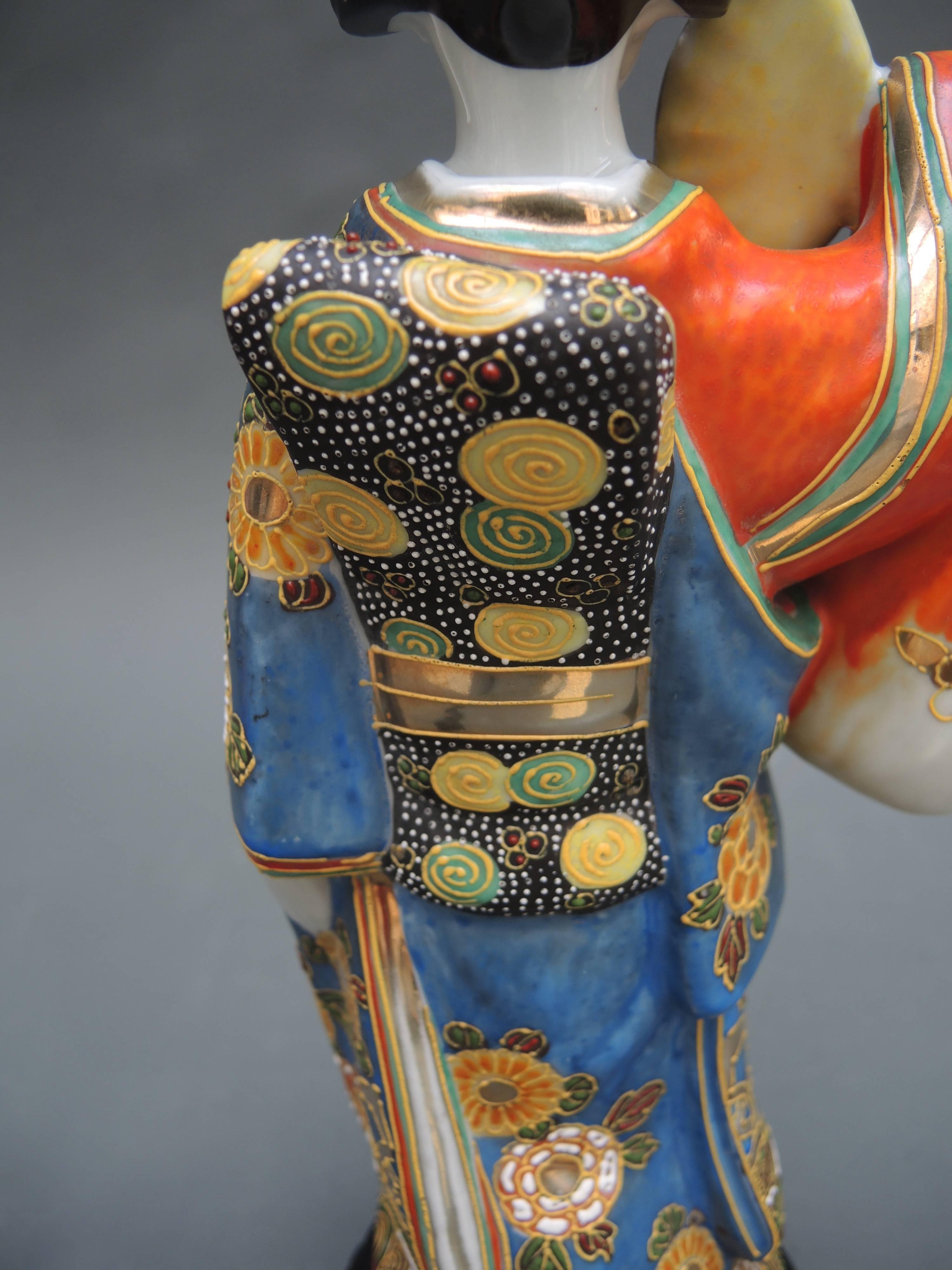 Glazed Japanese Satsuma Porcelain Statue Lamp Depicting a Geisha For Sale
