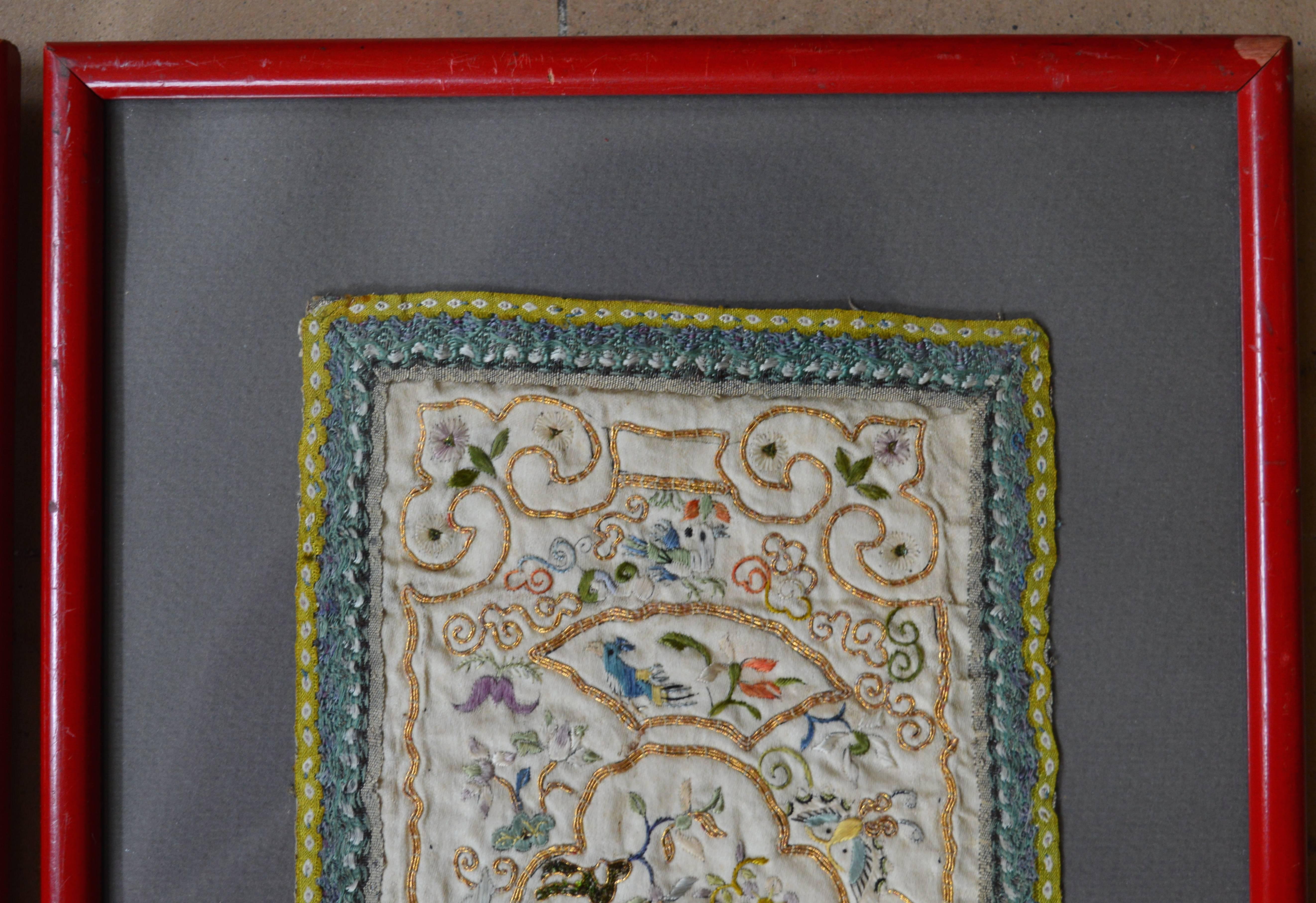 A pair of Chinese embroidery panels which were used to decorate the shoulders of a presentation robe. The embroidery is executed in silk and metal floss on silk panels. The panels are framed in vintage lacquered wood frames as found in a local