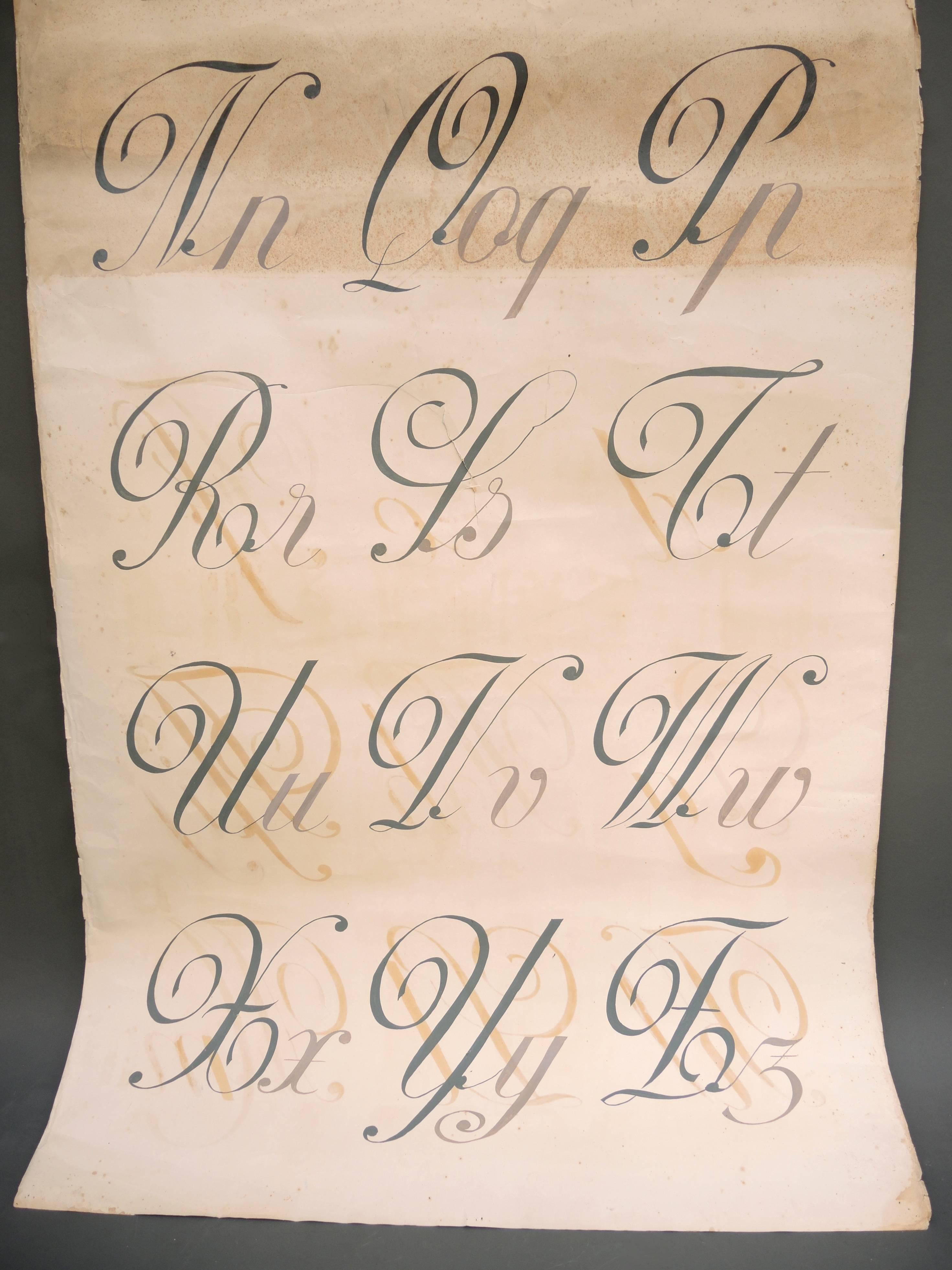 Double sided hand-painted sign makers chart. The thick paper chart has hand-painted letters A-M on one side and N-Z on the other side. from the Belgian sign maker van Kerckhoven, circa 1930.
Unframed and shipped rolled.