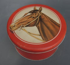Vintage Lithograph Printed Equestrian Horse Head Tole Tin Container