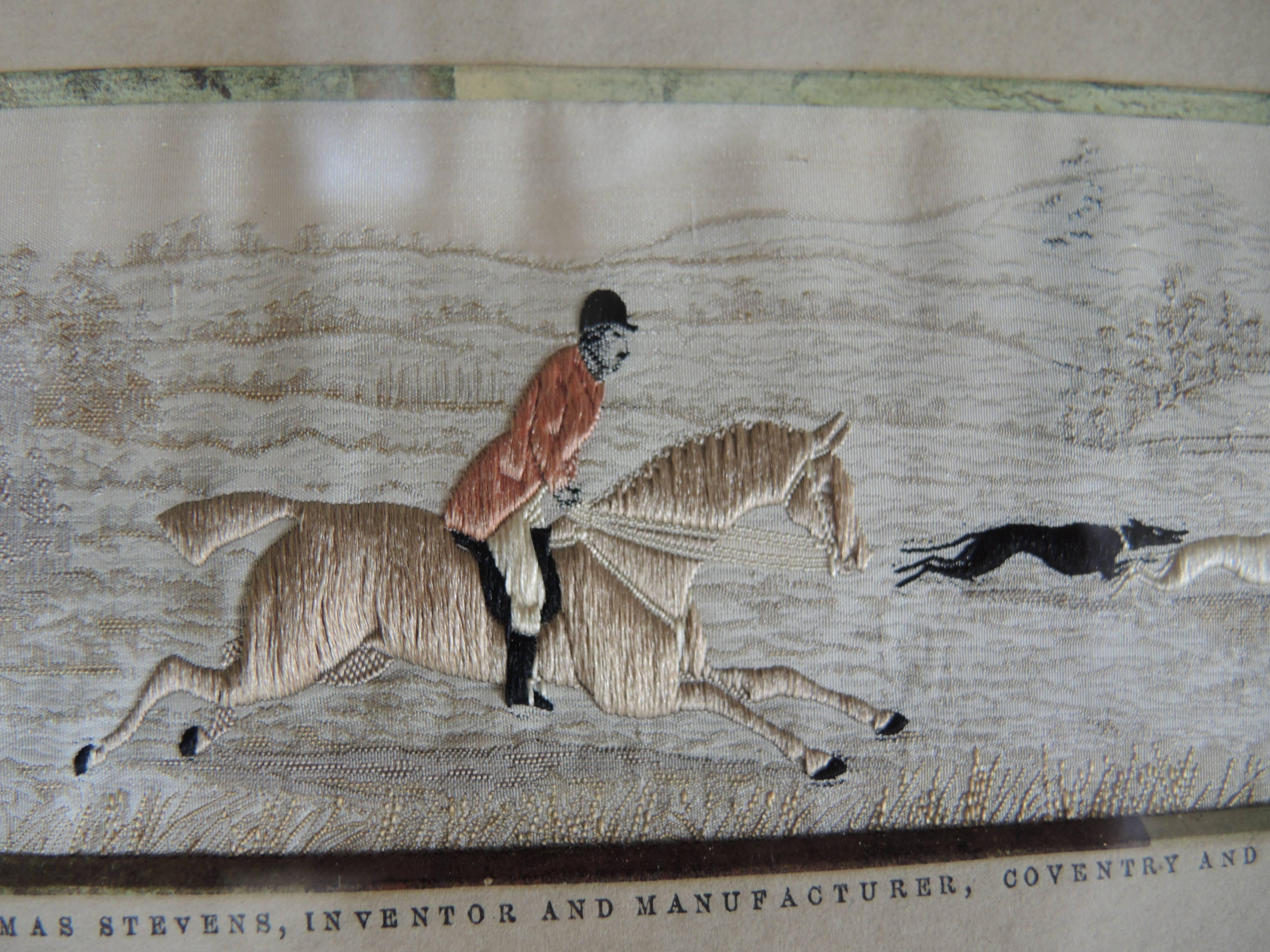 Edwardian Pair of Framed 19th Century English Woven Silk Equestrian Fox Hunting Panels For Sale