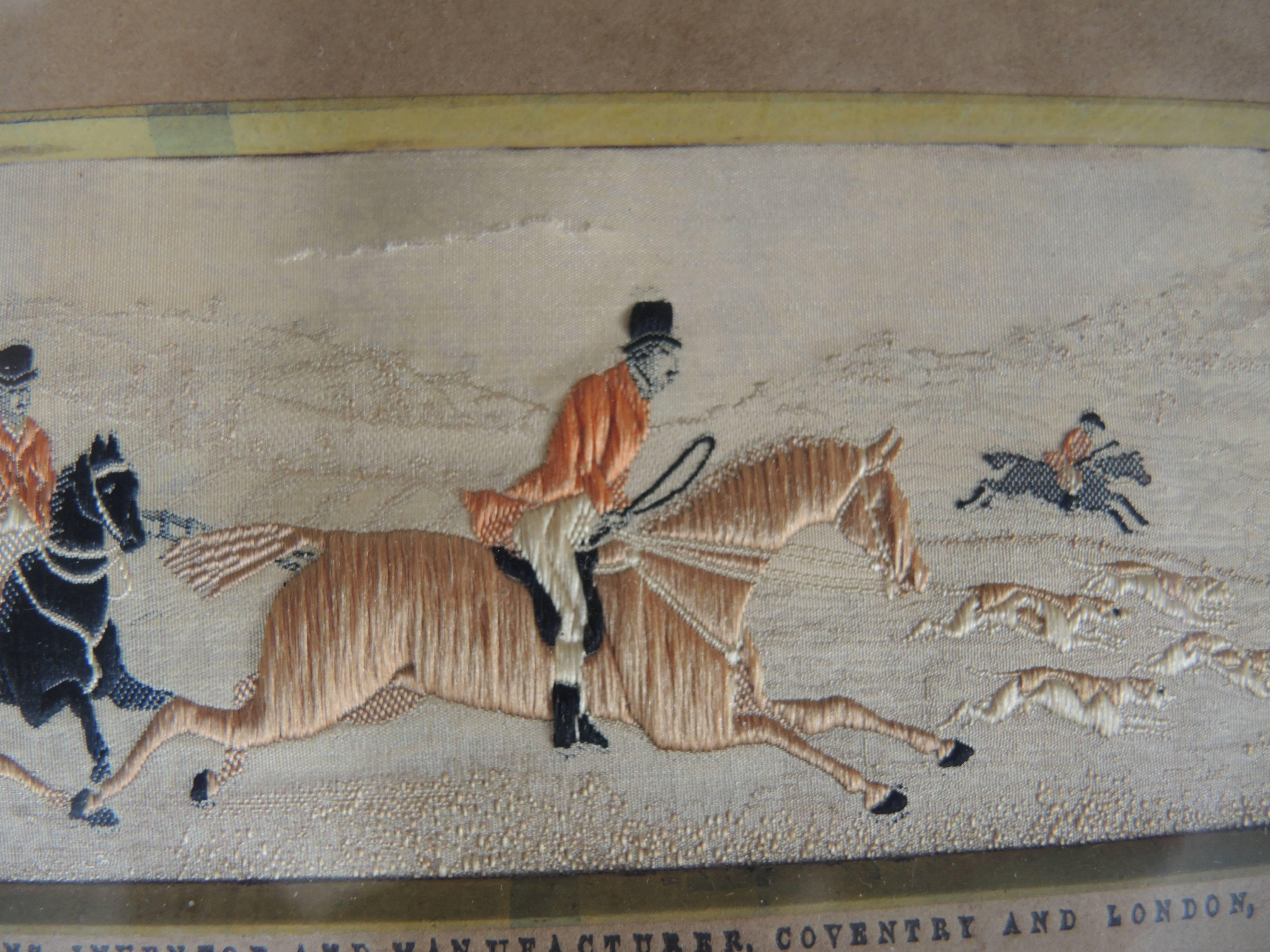 British Pair of Framed 19th Century English Woven Silk Equestrian Fox Hunting Panels For Sale