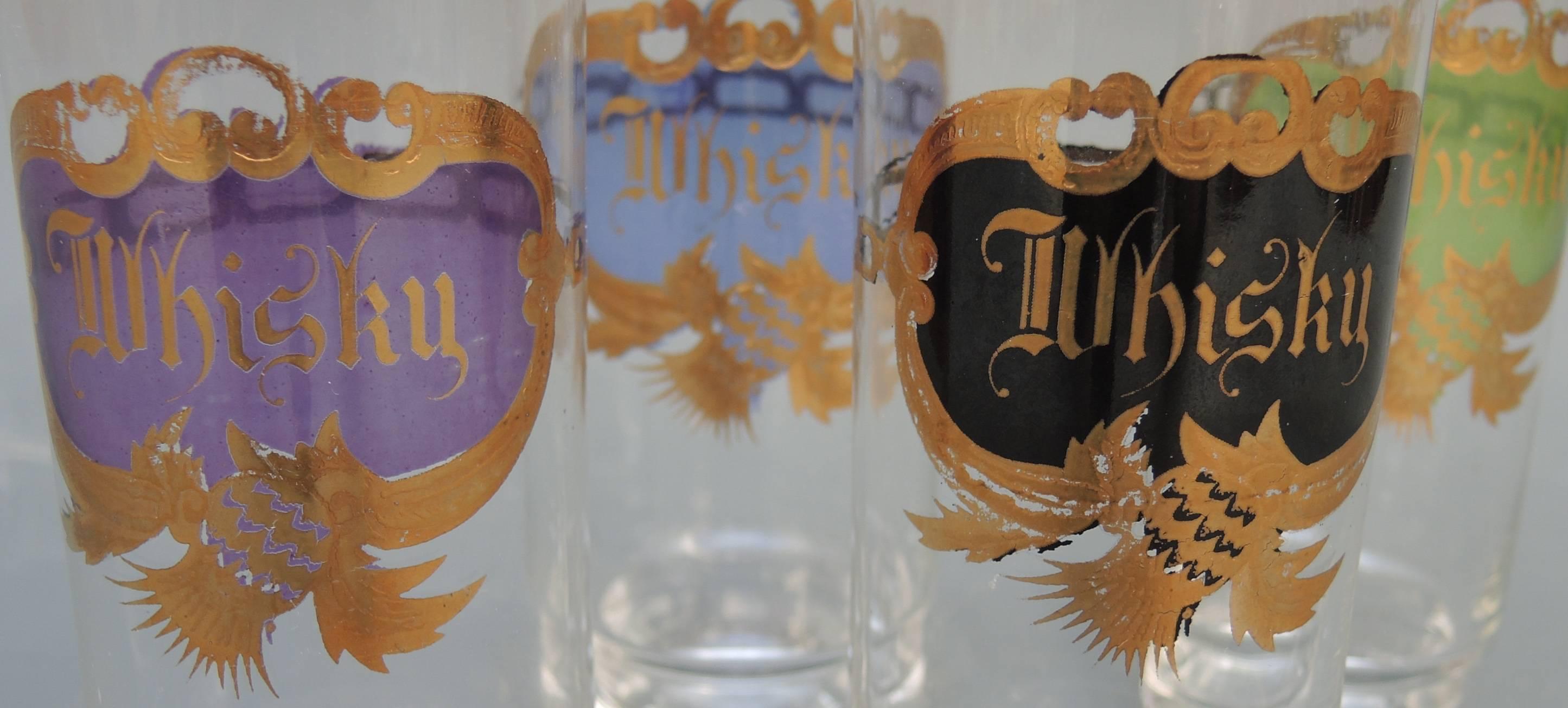 English Set of Four Vintage Whisky Glasses with Thistle Decoration For Sale