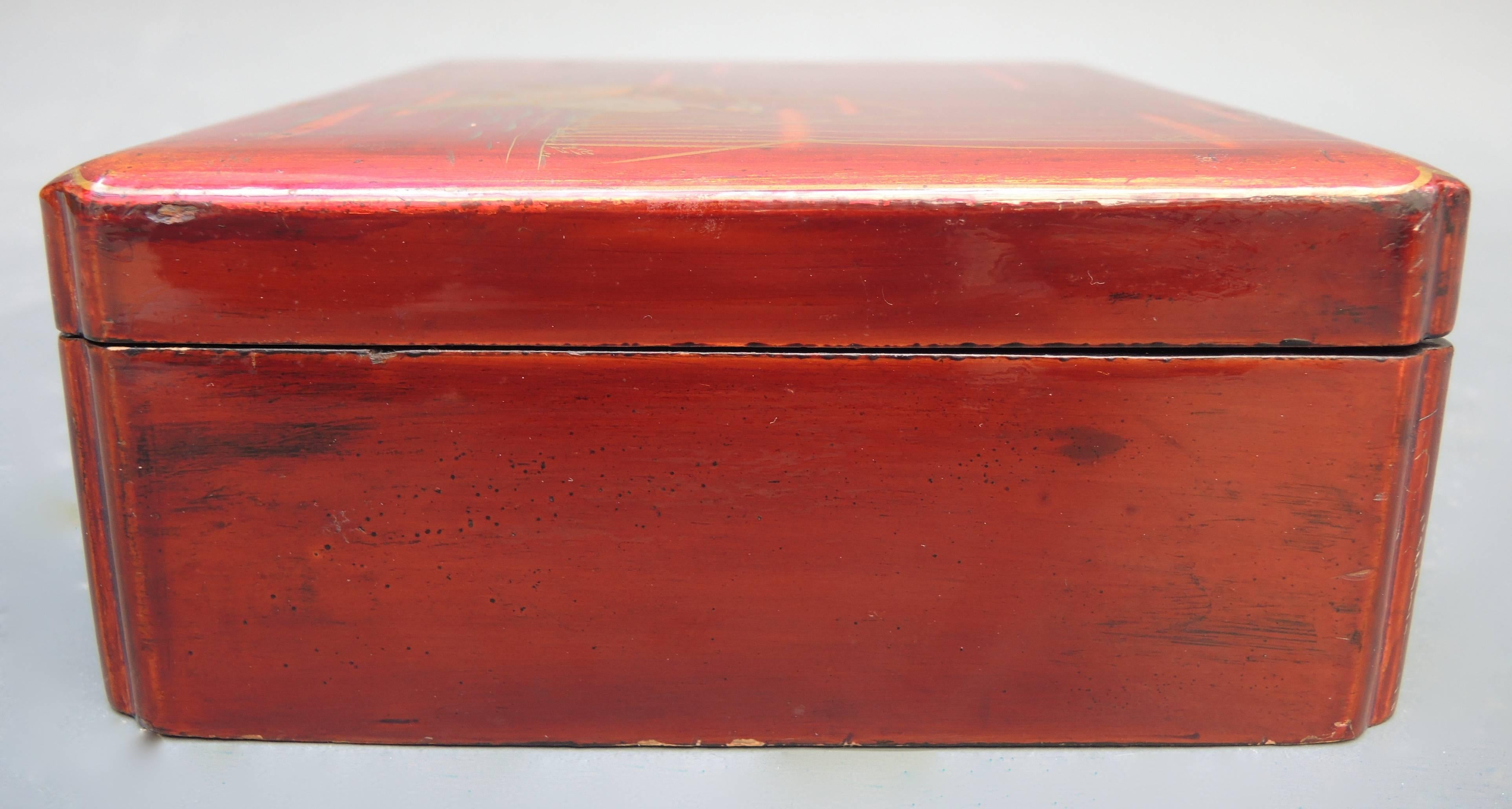 20th Century Japanese Burnt Orange Lacquered Box with Gold Painted Cranes