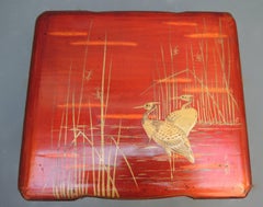 Japanese Burnt Orange Lacquered Box with Gold Painted Cranes