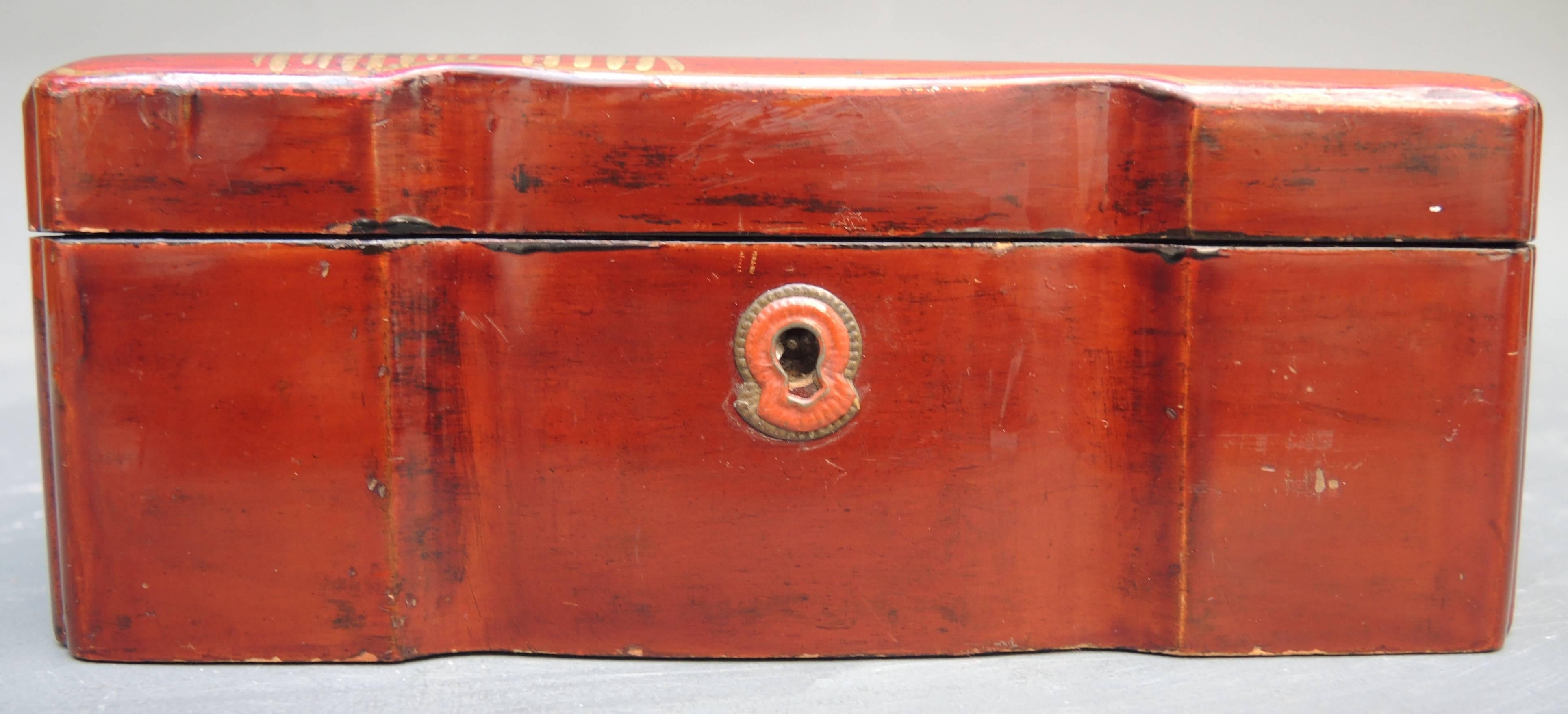 Art Deco Japanese Burnt Orange Lacquered Box with Gold Painted Cranes