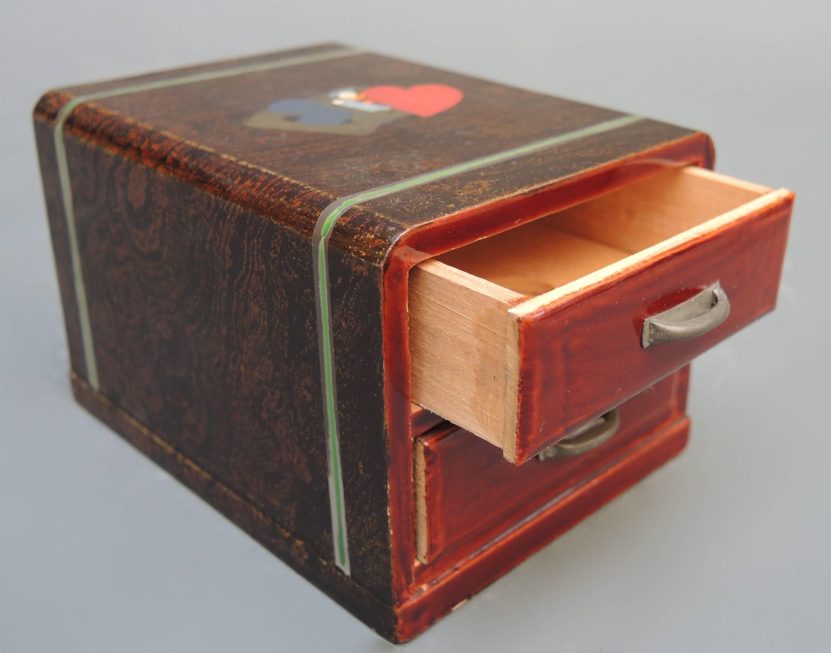 Japanese lacquered wood playing card box with two drawers, circa 1940. An elegant gift for your bridge playing friends and for that fun host and /Hostess!