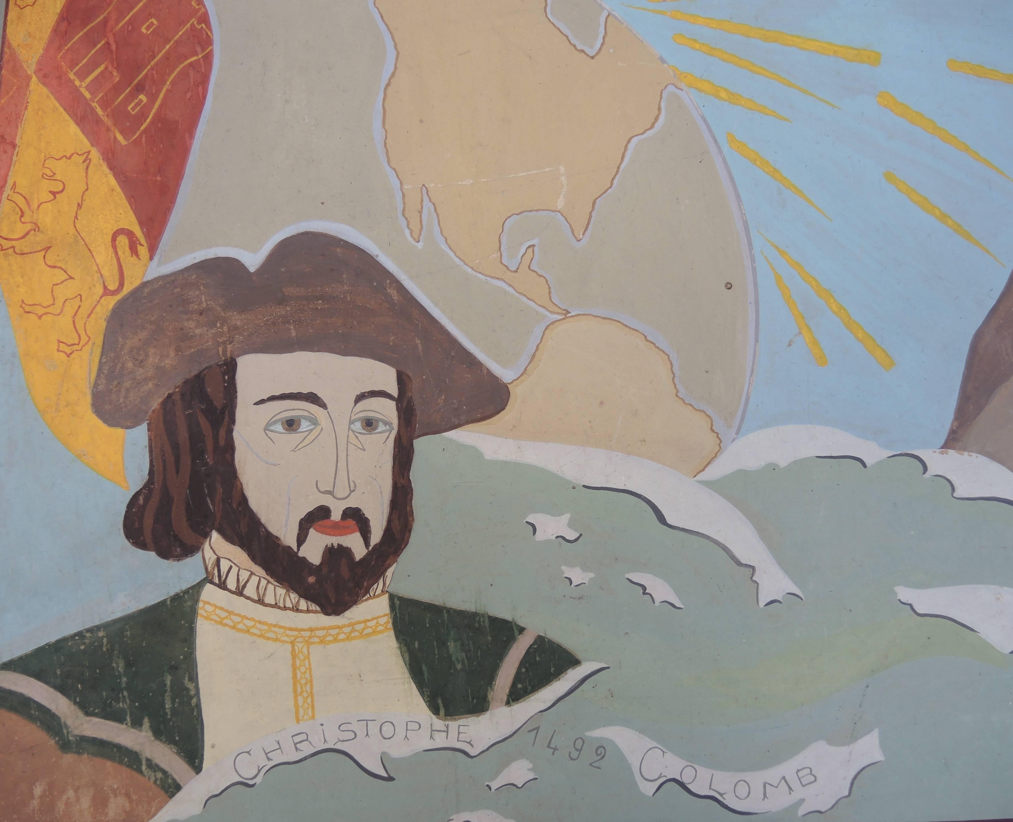 Art Deco Painted Panel from a Theatre Illustrating Columbus 1492 Voyage to America For Sale