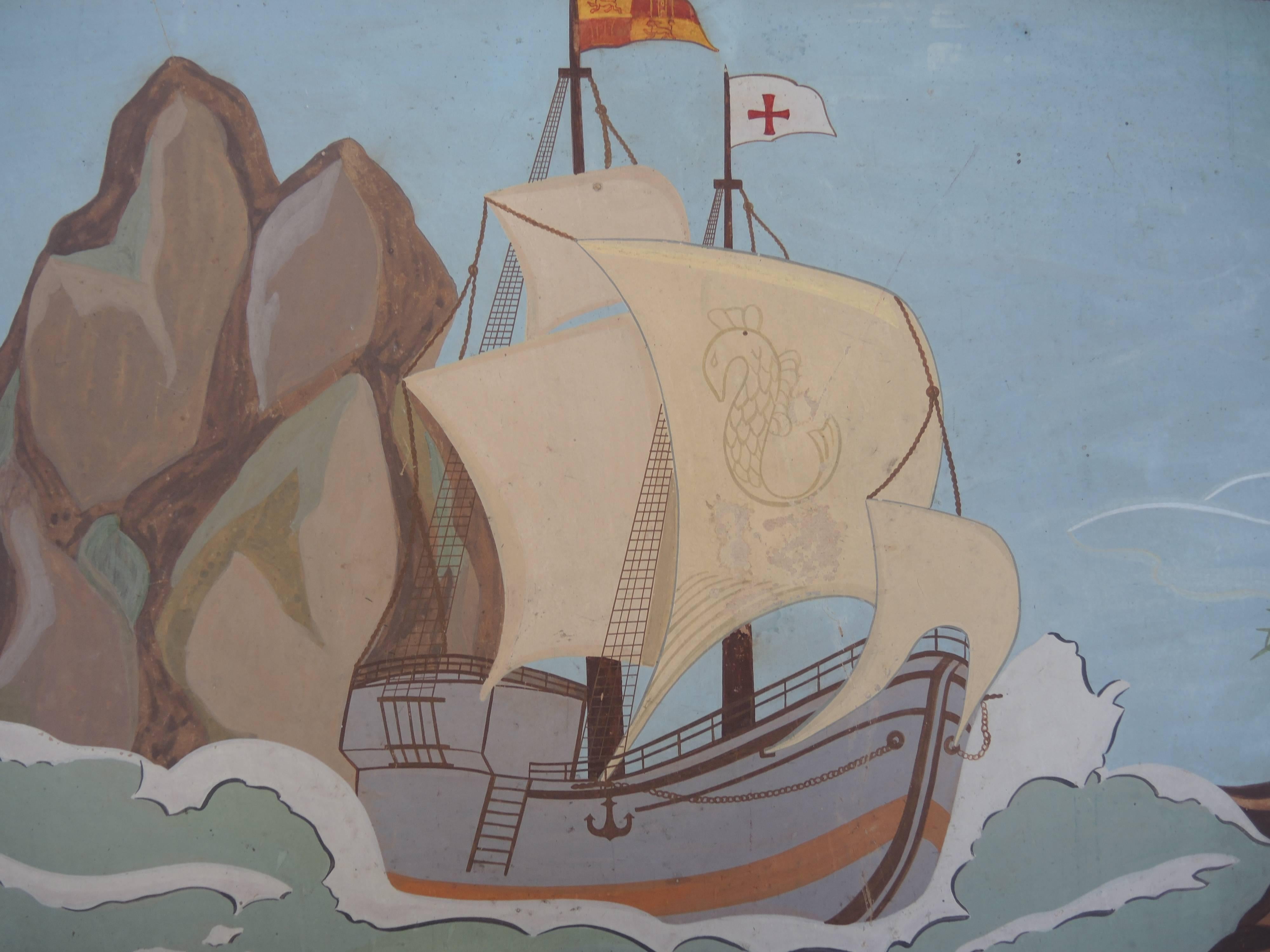 Painted Panel from a Theatre Illustrating Columbus 1492 Voyage to America In Fair Condition For Sale In Antwerp, BE