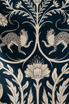 Tiger and Botanical Velvet Upholstery Fabric by the Metre, Panthera Prussian