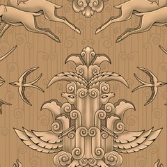 Art Deco Velvet Upholstery Fabric by the Metre, Deer and Swallows, Gilbert Derry