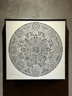 Minako Hiromi Zen Mandala "En-gi" in Slate Gray & Black, Framed｜Wabisabi Art