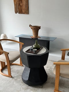 20th C. Japanese Brutalist Wooden & Marble Side Table / Wabisabi Coffee Table