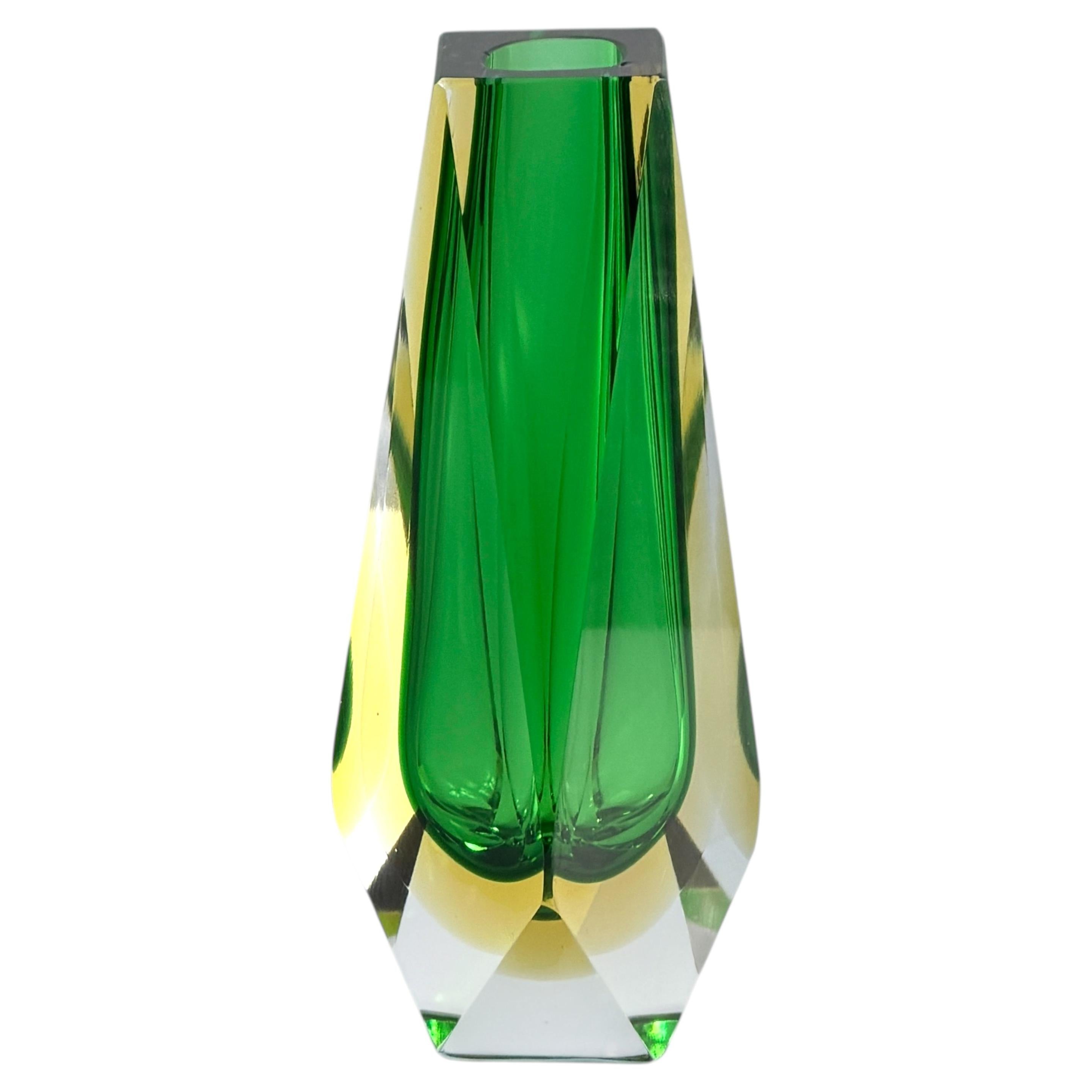 c.1970 Murano Sommerso Faceted Art Glass Vase, Emerald Green & Uranium Yellow For Sale