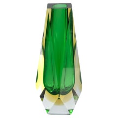 c.1970 Murano Sommerso Faceted Art Glass Vase, Emerald Green & Uranium Yellow