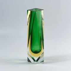 c.1970 Murano Sommerso Faceted Art Glass Vase, Emerald Green & Uranium Yellow