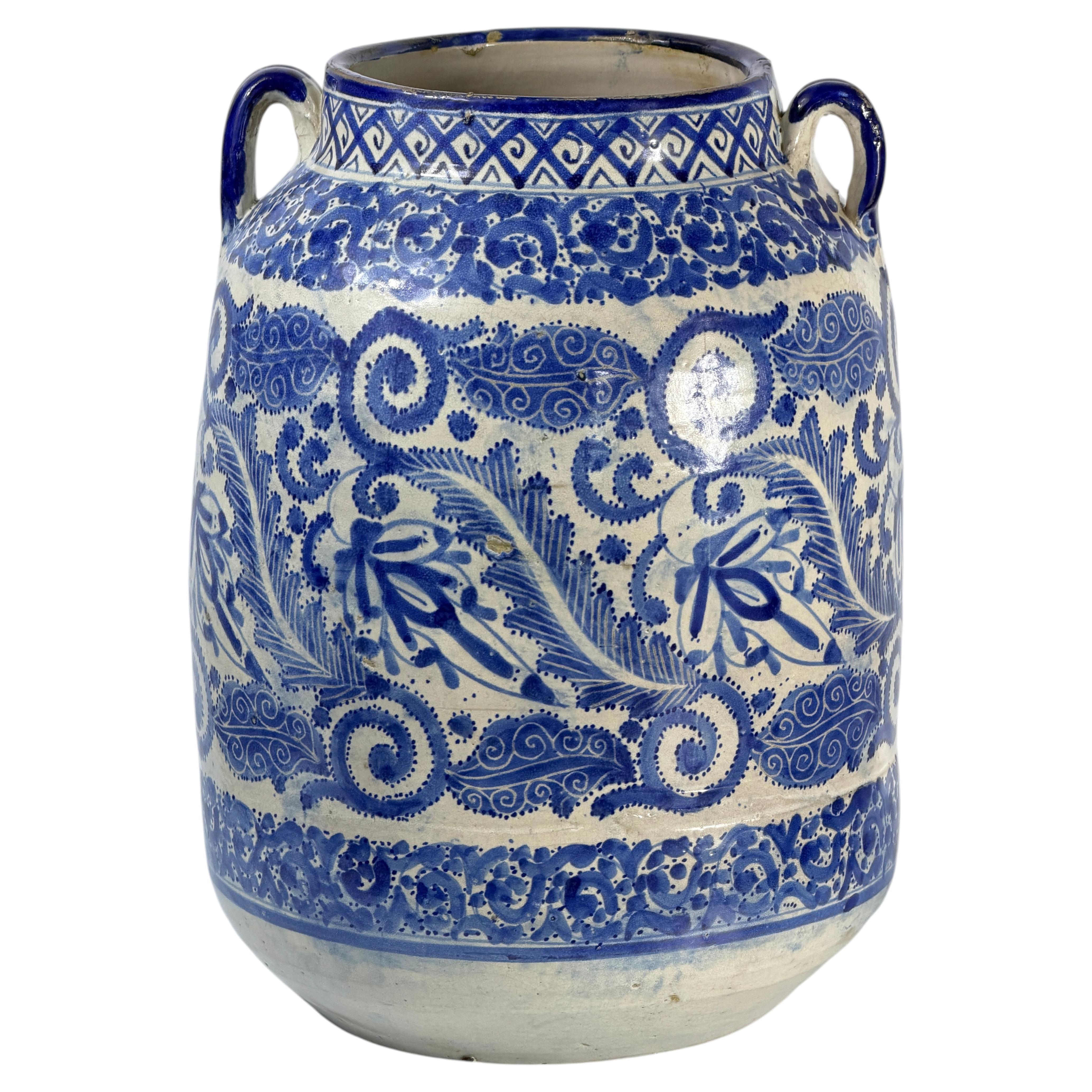 Late 19th Century Moroccan Hand Painted Blue & White Ceramic Vase, 15.7 In