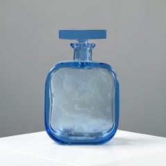 Art Deco Czech Blue Glass Decanter with Hand-Engraved Floral Decoration