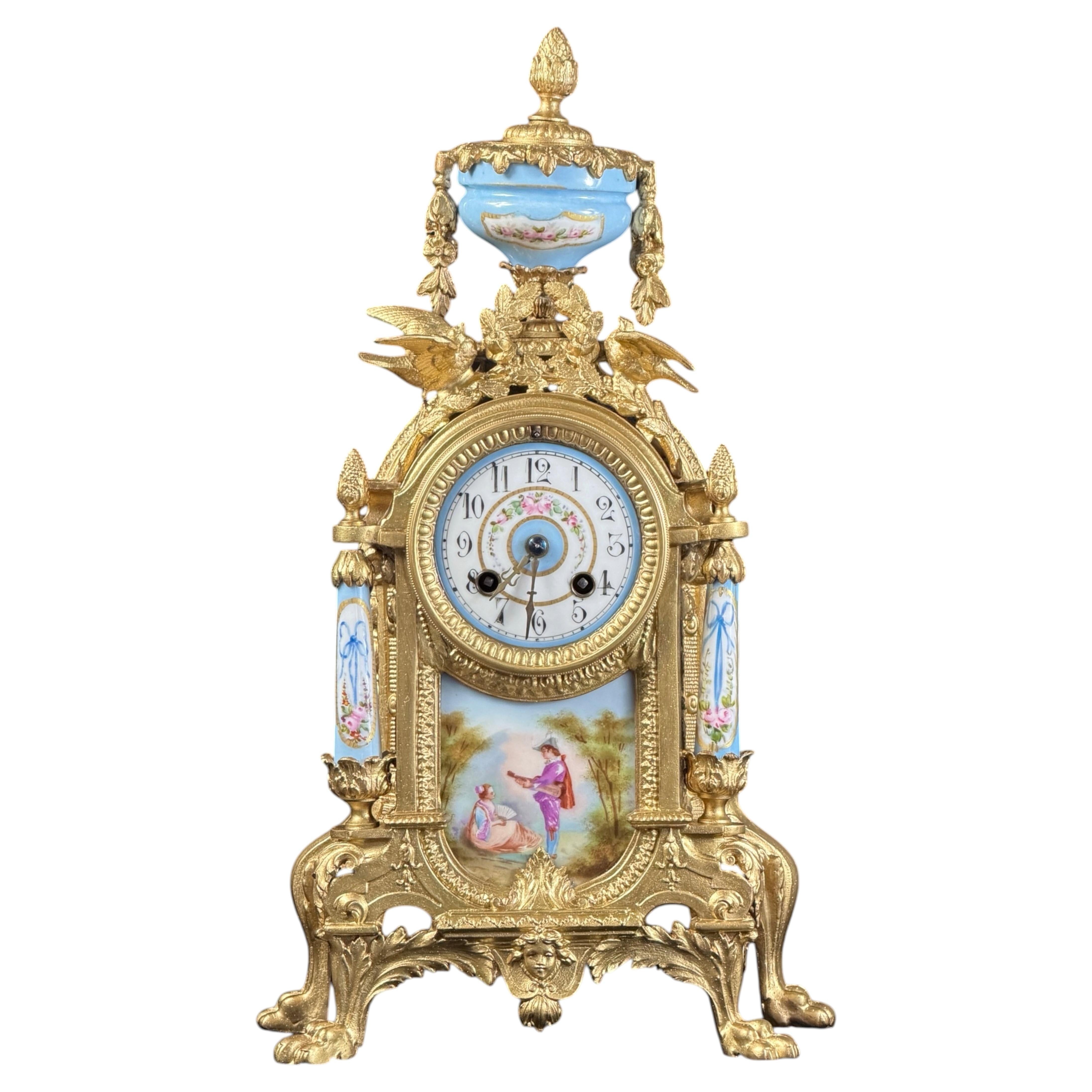 Late 19th Century French Gilt Metal and Hand-Painted Porcelain Mantel Clock
