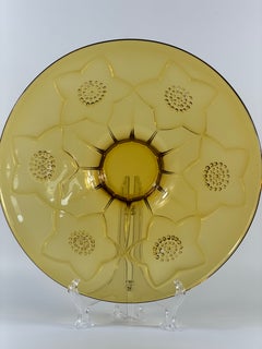 1960s Large Amber Glass Floral Centerpiece Bowl, Art Deco Revival, 15.16 in