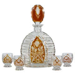 Art Deco Amber Overlay Cut Crystal Decanter & 4 Cordial Glasses