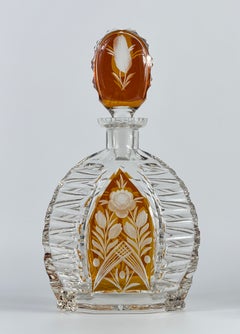 Art Deco Amber Overlay Cut Crystal Decanter & 4 Cordial Glasses