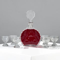 1930s Bohemian Art Deco Cut Crystal Decanter and Six Cordial Glasses, 10.63 in