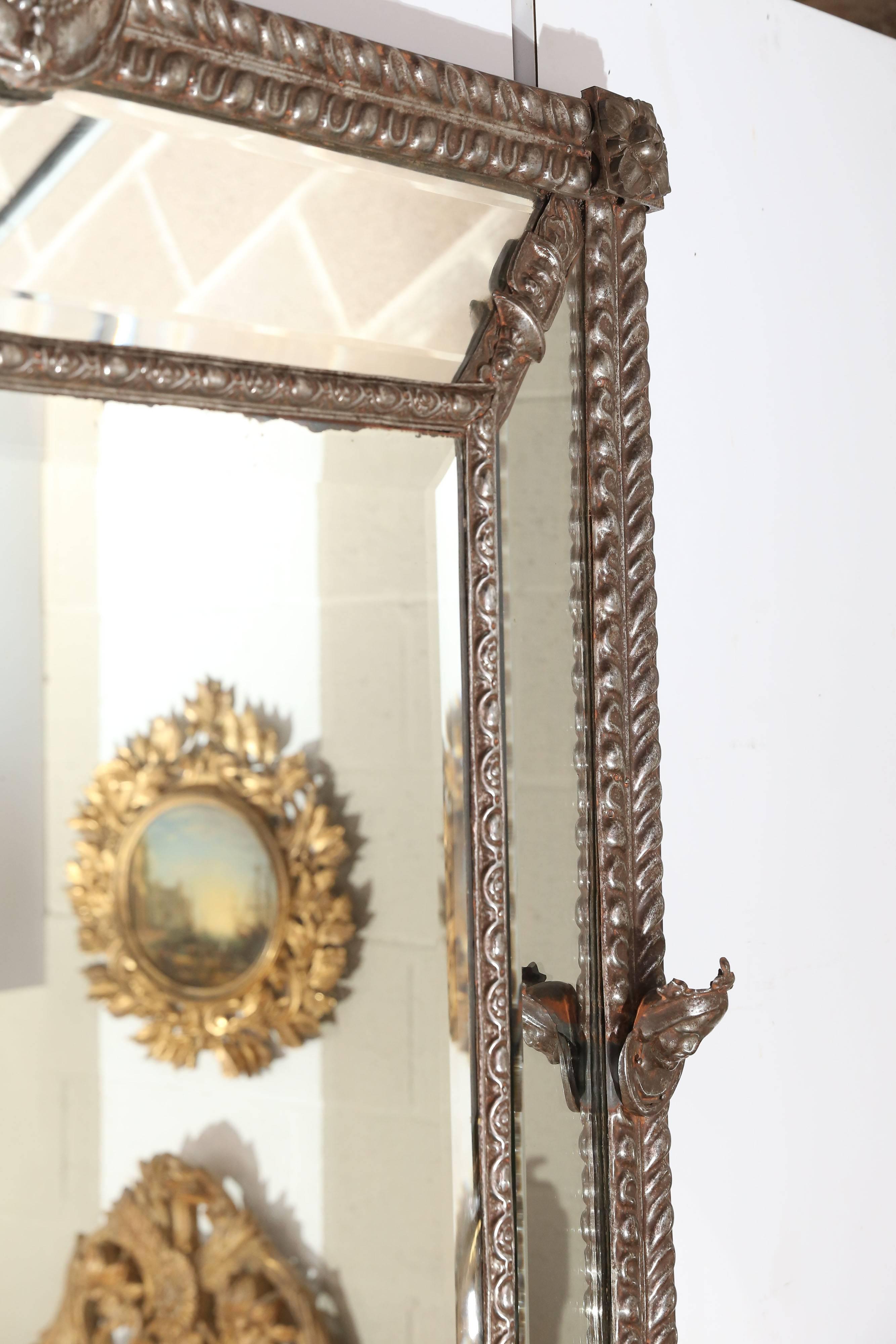 Neoclassical Large Beveled Mirror with Decorative Metal Frame
